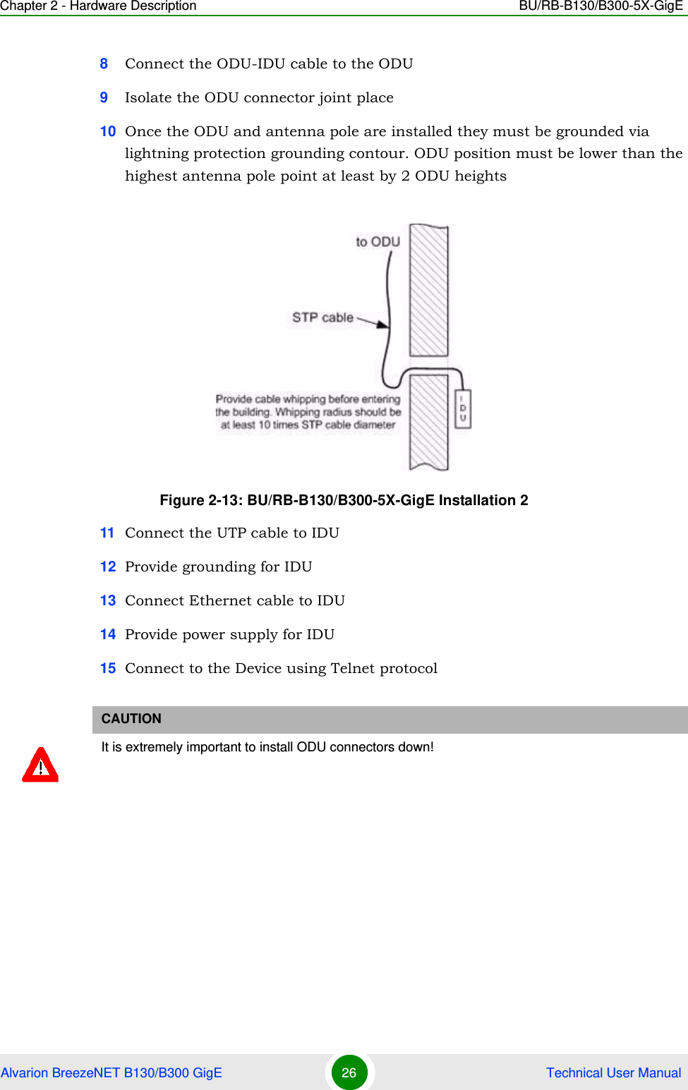 Chapter 2 - Hardware Description BU/RB-B130/B300-5X-GigEAlvarion BreezeNET B130/B300 GigE 26  Technical User Manual8Connect the ODU-IDU cable to the ODU9Isolate the ODU connector joint place10 Once the ODU and antenna pole are installed they must be grounded via lightning protection grounding contour. ODU position must be lower than the highest antenna pole point at least by 2 ODU heights11 Connect the UTP cable to IDU12 Provide grounding for IDU13 Connect Ethernet cable to IDU14 Provide power supply for IDU15 Connect to the Device using Telnet protocolFigure 2-13: BU/RB-B130/B300-5X-GigE Installation 2CAUTIONIt is extremely important to install ODU connectors down!