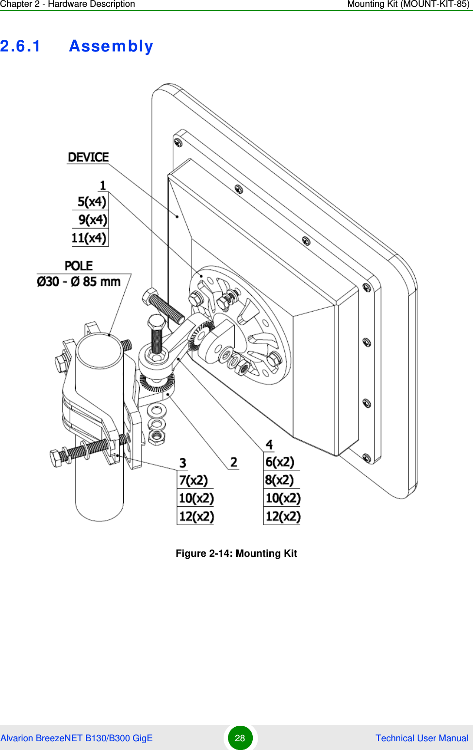 Chapter 2 - Hardware Description Mounting Kit (MOUNT-KIT-85)Alvarion BreezeNET B130/B300 GigE 28  Technical User Manual2.6.1 AssemblyFigure 2-14: Mounting Kit