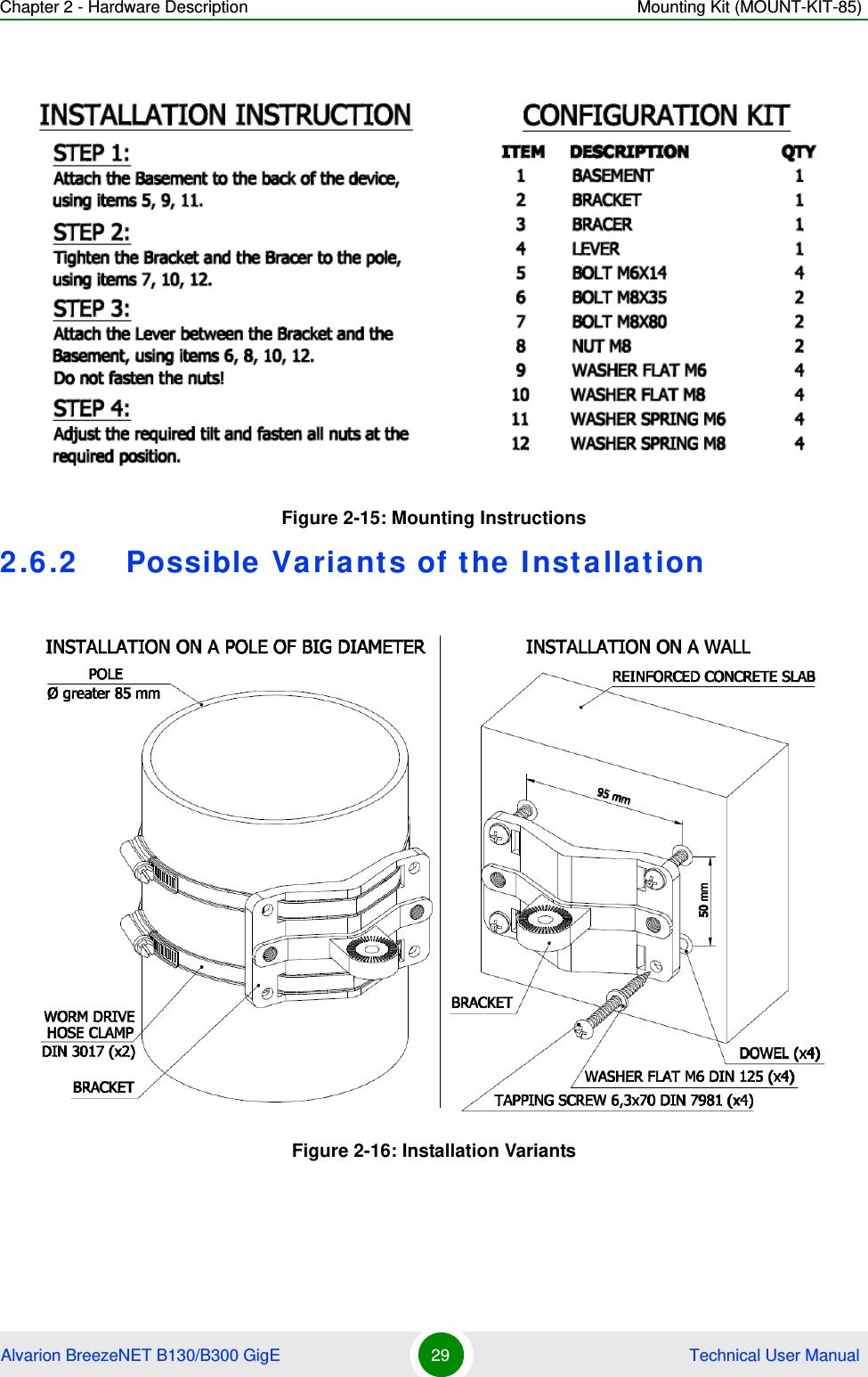Chapter 2 - Hardware Description Mounting Kit (MOUNT-KIT-85)Alvarion BreezeNET B130/B300 GigE 29  Technical User Manual2.6.2 Possible Variants of the InstallationFigure 2-15: Mounting InstructionsFigure 2-16: Installation Variants