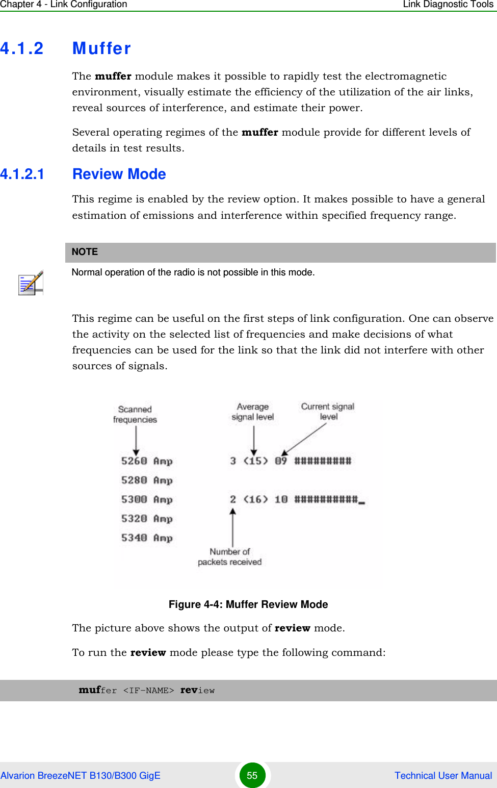 Chapter 4 - Link Configuration Link Diagnostic ToolsAlvarion BreezeNET B130/B300 GigE 55  Technical User Manual4.1.2 MufferThe muffer module makes it possible to rapidly test the electromagnetic environment, visually estimate the efficiency of the utilization of the air links, reveal sources of interference, and estimate their power.Several operating regimes of the muffer module provide for different levels of details in test results.4.1.2.1 Review ModeThis regime is enabled by the review option. It makes possible to have a general estimation of emissions and interference within specified frequency range.This regime can be useful on the first steps of link configuration. One can observe the activity on the selected list of frequencies and make decisions of what frequencies can be used for the link so that the link did not interfere with other sources of signals.The picture above shows the output of review mode.To run the review mode please type the following command:NOTENormal operation of the radio is not possible in this mode.Figure 4-4: Muffer Review Modemuffer &lt;IF-NAME&gt; review