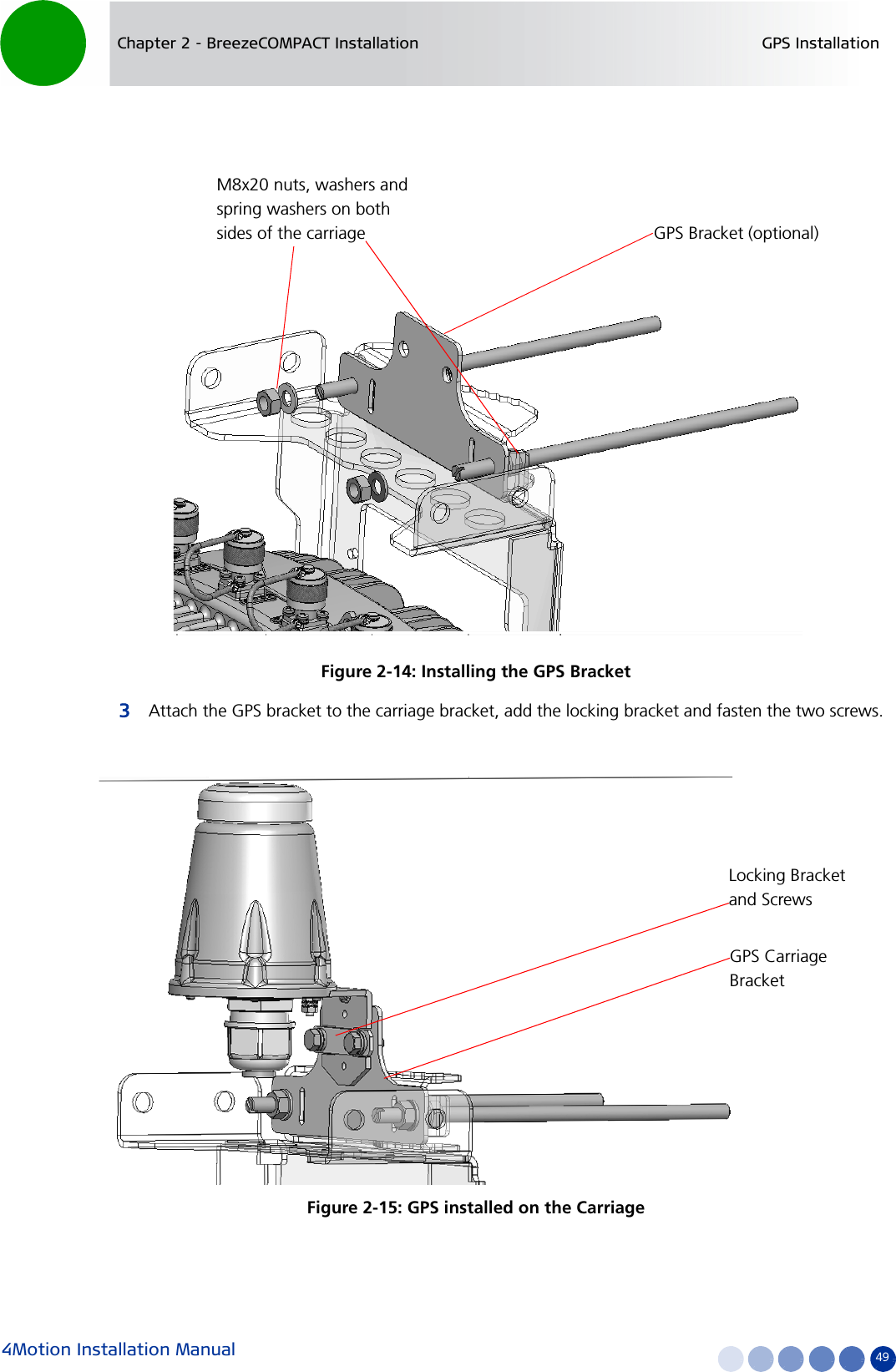 4Motion Installation Manual 49Chapter 2 - BreezeCOMPACT Installation GPS Installation3Attach the GPS bracket to the carriage bracket, add the locking bracket and fasten the two screws.Figure 2-14: Installing the GPS BracketFigure 2-15: GPS installed on the CarriageM8x20 nuts, washers and spring washers on both sides of the carriage GPS Bracket (optional)GPS Carriage BracketLocking Bracket and Screws