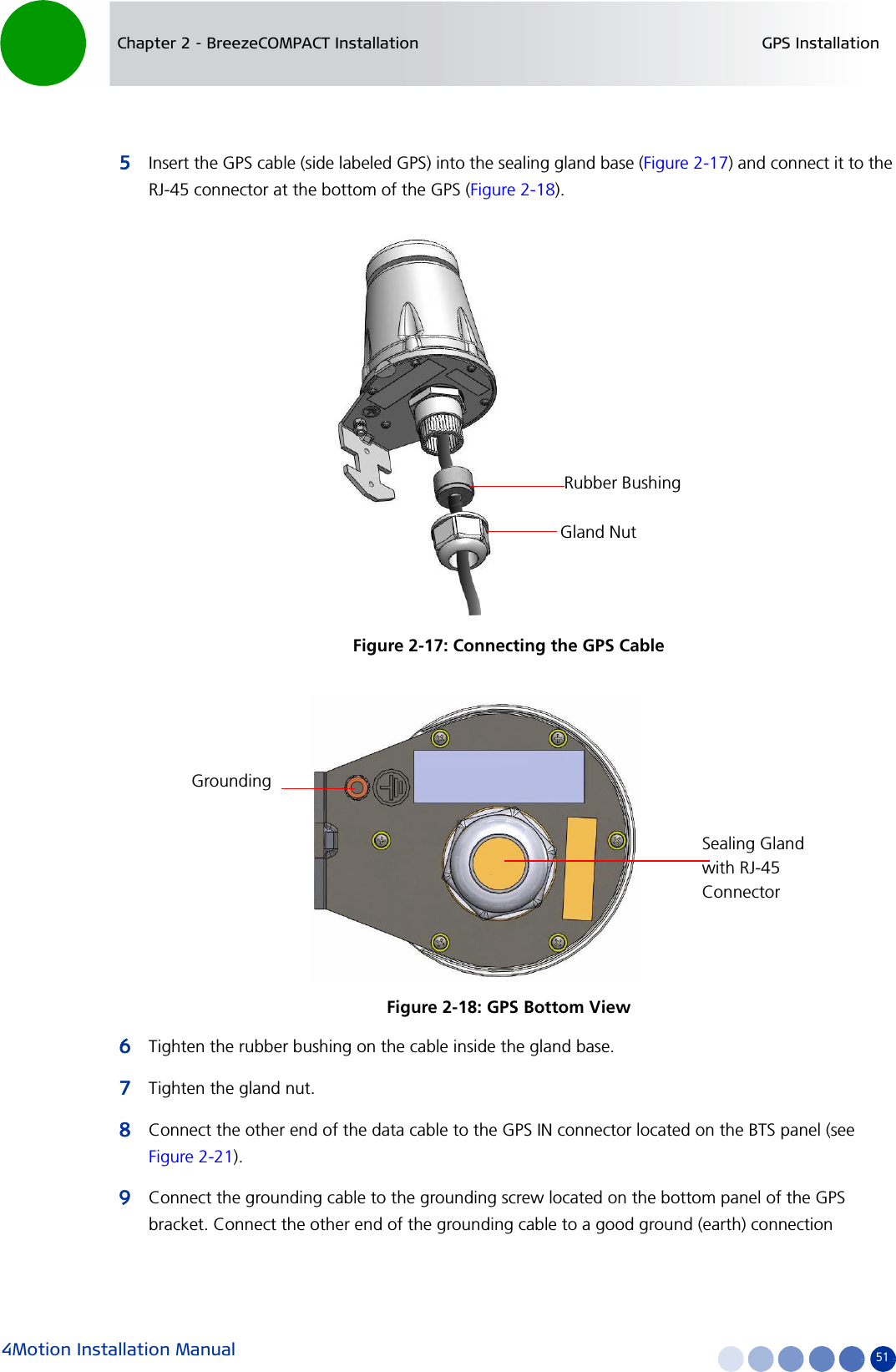 4Motion Installation Manual 51Chapter 2 - BreezeCOMPACT Installation GPS Installation5Insert the GPS cable (side labeled GPS) into the sealing gland base (Figure 2-17) and connect it to the RJ-45 connector at the bottom of the GPS (Figure 2-18).6Tighten the rubber bushing on the cable inside the gland base.7Tighten the gland nut.8Connect the other end of the data cable to the GPS IN connector located on the BTS panel (see Figure 2-21).9Connect the grounding cable to the grounding screw located on the bottom panel of the GPS bracket. Connect the other end of the grounding cable to a good ground (earth) connectionFigure 2-17: Connecting the GPS CableFigure 2-18: GPS Bottom ViewRubber BushingGland NutSealing Gland with RJ-45 Connector Grounding