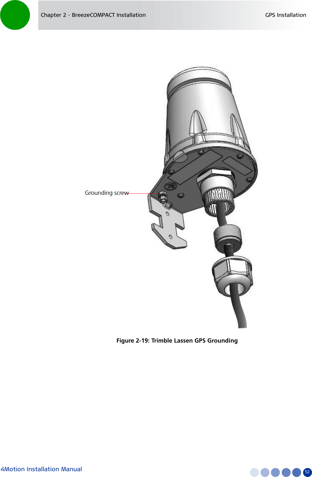 4Motion Installation Manual 52Chapter 2 - BreezeCOMPACT Installation GPS InstallationFigure 2-19: Trimble Lassen GPS GroundingGrounding screw