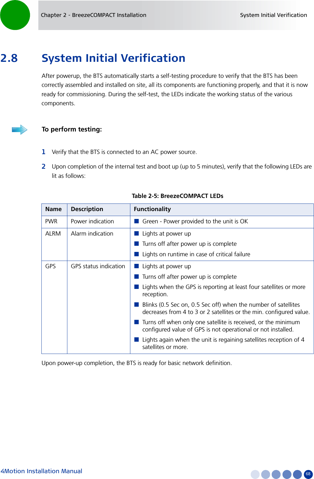 4Motion Installation Manual 68Chapter 2 - BreezeCOMPACT Installation System Initial Verification2.8 System Initial VerificationAfter powerup, the BTS automatically starts a self-testing procedure to verify that the BTS has been correctly assembled and installed on site, all its components are functioning properly, and that it is now ready for commissioning. During the self-test, the LEDs indicate the working status of the various components.1Verify that the BTS is connected to an AC power source. 2Upon completion of the internal test and boot up (up to 5 minutes), verify that the following LEDs are lit as follows:Upon power-up completion, the BTS is ready for basic network definition.To perform testing:Table 2-5: BreezeCOMPACT LEDsName Description FunctionalityPWR Power indication Green - Power provided to the unit is OKALRM Alarm indication Lights at power up Turns off after power up is completeLights on runtime in case of critical failureGPS GPS status indication Lights at power upTurns off after power up is completeLights when the GPS is reporting at least four satellites or more reception.Blinks (0.5 Sec on, 0.5 Sec off) when the number of satellites decreases from 4 to 3 or 2 satellites or the min. configured value.Turns off when only one satellite is received, or the minimum configured value of GPS is not operational or not installed.Lights again when the unit is regaining satellites reception of 4 satellites or more.