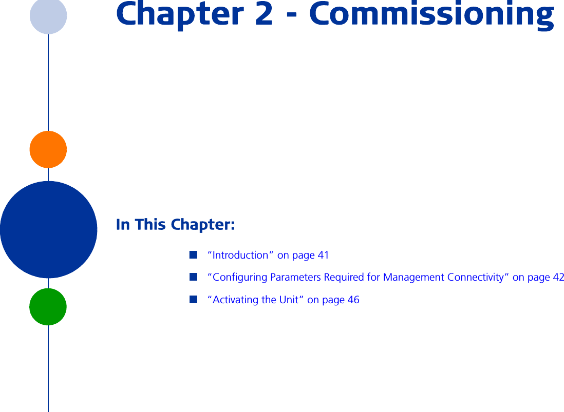 Chapter 2 - CommissioningIn This Chapter:“Introduction” on page 41“Configuring Parameters Required for Management Connectivity” on page 42“Activating the Unit” on page 46