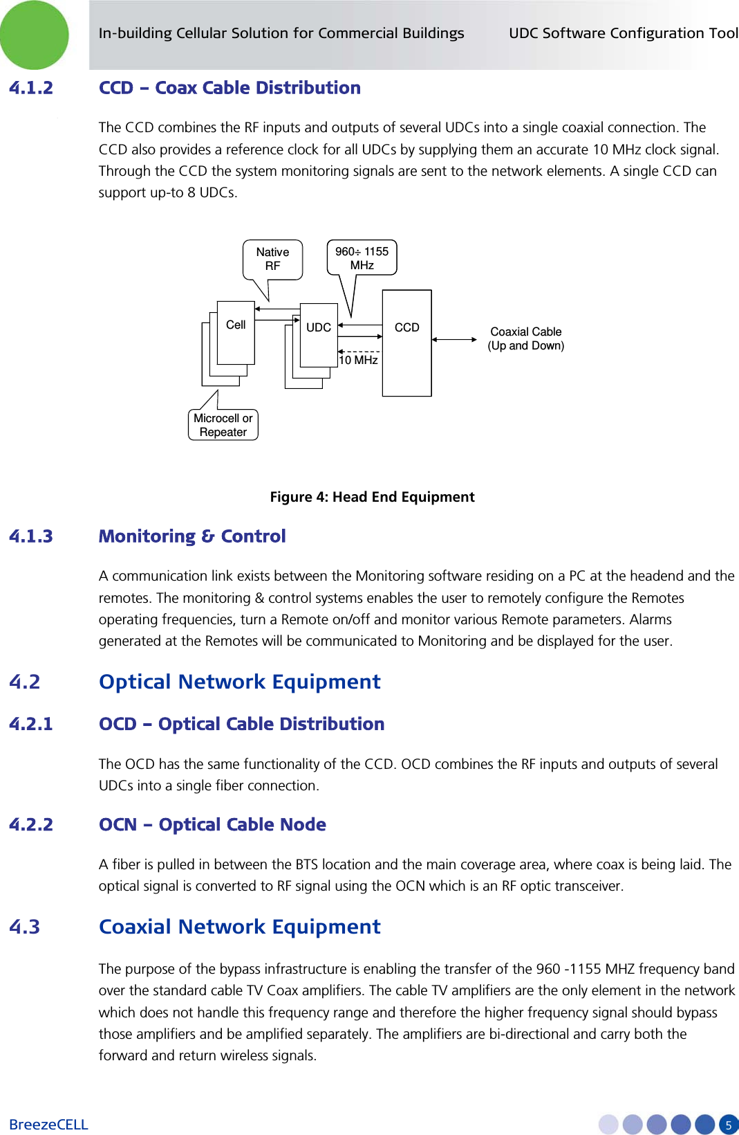 In-building Cellular Solution for Commercial Buildings UDC Software Configuration Tool BreezeCELL     5 4.1.2 CCD – Coax Cable Distribution The CCD combines the RF inputs and outputs of several UDCs into a single coaxial connection. The CCD also provides a reference clock for all UDCs by supplying them an accurate 10 MHz clock signal. Through the CCD the system monitoring signals are sent to the network elements. A single CCD can support up-to 8 UDCs. 960÷1155MHzCCD Coaxial Cable(Up and Down)UDC10 MHzCellMicrocell or RepeaterNative RF Figure 4: Head End Equipment 4.1.3 Monitoring &amp; Control A communication link exists between the Monitoring software residing on a PC at the headend and the remotes. The monitoring &amp; control systems enables the user to remotely configure the Remotes operating frequencies, turn a Remote on/off and monitor various Remote parameters. Alarms generated at the Remotes will be communicated to Monitoring and be displayed for the user. 4.2 Optical Network Equipment 4.2.1 OCD – Optical Cable Distribution The OCD has the same functionality of the CCD. OCD combines the RF inputs and outputs of several UDCs into a single fiber connection. 4.2.2 OCN – Optical Cable Node A fiber is pulled in between the BTS location and the main coverage area, where coax is being laid. The optical signal is converted to RF signal using the OCN which is an RF optic transceiver. 4.3 Coaxial Network Equipment The purpose of the bypass infrastructure is enabling the transfer of the 960 -1155 MHZ frequency band over the standard cable TV Coax amplifiers. The cable TV amplifiers are the only element in the network which does not handle this frequency range and therefore the higher frequency signal should bypass those amplifiers and be amplified separately. The amplifiers are bi-directional and carry both the forward and return wireless signals. 