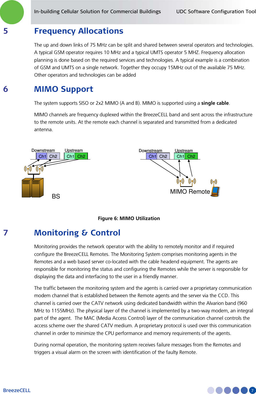 In-building Cellular Solution for Commercial Buildings UDC Software Configuration Tool BreezeCELL     7 5 Frequency Allocations The up and down links of 75 MHz can be split and shared between several operators and technologies. A typical GSM operator requires 10 MHz and a typical UMTS operator 5 MHZ. Frequency allocation planning is done based on the required services and technologies. A typical example is a combination of GSM and UMTS on a single network. Together they occupy 15MHz out of the available 75 MHz. Other operators and technologies can be added 6 MIMO Support The system supports SISO or 2x2 MIMO (A and B). MIMO is supported using a single cable. MIMO channels are frequency duplexed within the BreezeCELL band and sent across the infrastructure to the remote units. At the remote each channel is separated and transmitted from a dedicated antenna.   Figure 6: MIMO Utilization 7 Monitoring &amp; Control Monitoring provides the network operator with the ability to remotely monitor and if required configure the BreezeCELL Remotes. The Monitoring System comprises monitoring agents in the Remotes and a web based server co-located with the cable headend equipment. The agents are responsible for monitoring the status and configuring the Remotes while the server is responsible for displaying the data and interfacing to the user in a friendly manner.  The traffic between the monitoring system and the agents is carried over a proprietary communication modem channel that is established between the Remote agents and the server via the CCD. This channel is carried over the CATV network using dedicated bandwidth within the Alvarion band (960 MHz to 1155MHz). The physical layer of the channel is implemented by a two-way modem, an integral part of the agent.  The MAC (Media Access Control) layer of the communication channel controls the access scheme over the shared CATV medium. A proprietary protocol is used over this communication channel in order to minimize the CPU performance and memory requirements of the agents. During normal operation, the monitoring system receives failure messages from the Remotes and triggers a visual alarm on the screen with identification of the faulty Remote.  BS MIMO Remote Ch1 Ch2 Downstream Ch1 Ch2 Upstream Ch1 Ch2 Downstream Ch1 Ch2 Upstream 