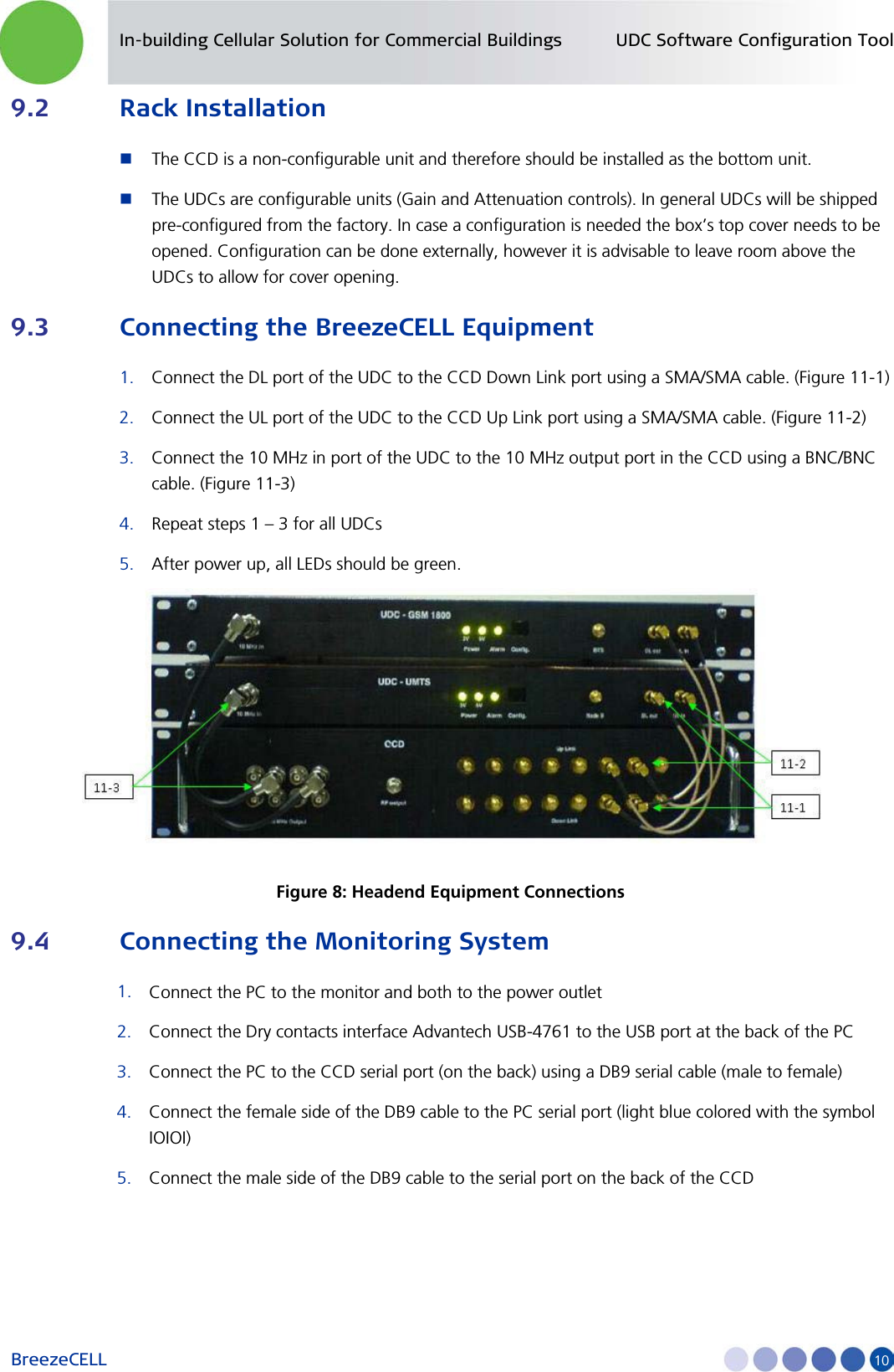 In-building Cellular Solution for Commercial Buildings UDC Software Configuration Tool BreezeCELL     10 9.2 Rack Installation  The CCD is a non-configurable unit and therefore should be installed as the bottom unit.  The UDCs are configurable units (Gain and Attenuation controls). In general UDCs will be shipped pre-configured from the factory. In case a configuration is needed the box’s top cover needs to be opened. Configuration can be done externally, however it is advisable to leave room above the UDCs to allow for cover opening. 9.3 Connecting the BreezeCELL Equipment 1. Connect the DL port of the UDC to the CCD Down Link port using a SMA/SMA cable. (Figure 11-1) 2. Connect the UL port of the UDC to the CCD Up Link port using a SMA/SMA cable. (Figure 11-2) 3. Connect the 10 MHz in port of the UDC to the 10 MHz output port in the CCD using a BNC/BNC cable. (Figure 11-3) 4. Repeat steps 1 – 3 for all UDCs 5. After power up, all LEDs should be green.  Figure 8: Headend Equipment Connections 9.4 Connecting the Monitoring System 1. Connect the PC to the monitor and both to the power outlet 2. Connect the Dry contacts interface Advantech USB-4761 to the USB port at the back of the PC 3. Connect the PC to the CCD serial port (on the back) using a DB9 serial cable (male to female) 4. Connect the female side of the DB9 cable to the PC serial port (light blue colored with the symbol IOIOI) 5. Connect the male side of the DB9 cable to the serial port on the back of the CCD 