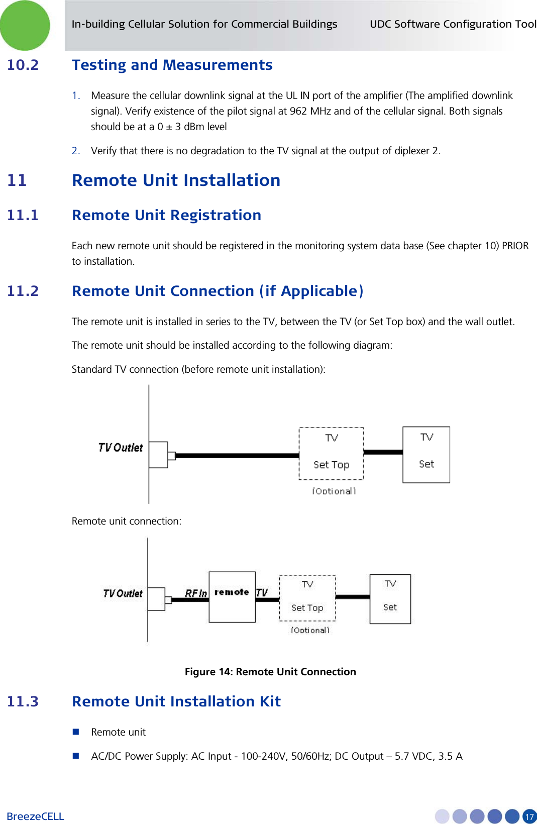 In-building Cellular Solution for Commercial Buildings UDC Software Configuration Tool BreezeCELL     17 10.2 Testing and Measurements 1. Measure the cellular downlink signal at the UL IN port of the amplifier (The amplified downlink signal). Verify existence of the pilot signal at 962 MHz and of the cellular signal. Both signals should be at a 0 ± 3 dBm level 2. Verify that there is no degradation to the TV signal at the output of diplexer 2. 11 Remote Unit Installation 11.1 Remote Unit Registration Each new remote unit should be registered in the monitoring system data base (See chapter 10) PRIOR to installation. 11.2 Remote Unit Connection (if Applicable) The remote unit is installed in series to the TV, between the TV (or Set Top box) and the wall outlet. The remote unit should be installed according to the following diagram: Standard TV connection (before remote unit installation):  Remote unit connection:  Figure 14: Remote Unit Connection 11.3 Remote Unit Installation Kit  Remote unit  AC/DC Power Supply: AC Input - 100-240V, 50/60Hz; DC Output – 5.7 VDC, 3.5 A 