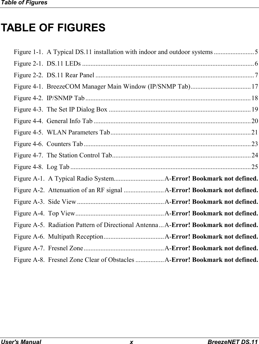 Table of FiguresUser&apos;s Manual x BreezeNET DS.11TABLE OF FIGURESFigure 1-1.  A Typical DS.11 installation with indoor and outdoor systems ........................5Figure 2-1.  DS.11 LEDs .......................................................................................................6Figure 2-2.  DS.11 Rear Panel ...............................................................................................7Figure 4-1.  BreezeCOM Manager Main Window (IP/SNMP Tab)....................................17Figure 4-2.  IP/SNMP Tab ................................................................................................... 18Figure 4-3.  The Set IP Dialog Box .....................................................................................19Figure 4-4.  General Info Tab ..............................................................................................20Figure 4-5.  WLAN Parameters Tab....................................................................................21Figure 4-6.  Counters Tab ....................................................................................................23Figure 4-7.  The Station Control Tab................................................................................... 24Figure 4-8.  Log Tab ............................................................................................................25Figure A-1.  A Typical Radio System..............................A-Error! Bookmark not defined.Figure A-2.  Attenuation of an RF signal ........................A-Error! Bookmark not defined.Figure A-3.  Side View ....................................................A-Error! Bookmark not defined.Figure A-4.  Top View.....................................................A-Error! Bookmark not defined.Figure A-5.  Radiation Pattern of Directional Antenna...A-Error! Bookmark not defined.Figure A-6.  Multipath Reception....................................A-Error! Bookmark not defined.Figure A-7.  Fresnel Zone................................................A-Error! Bookmark not defined.Figure A-8.  Fresnel Zone Clear of Obstacles .................A-Error! Bookmark not defined.