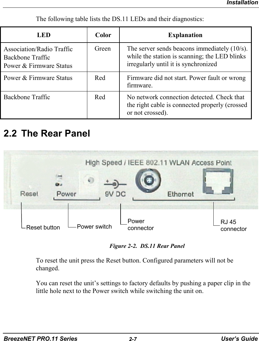 InstallationBreezeNET PRO.11 Series 2-7 User’s GuideThe following table lists the DS.11 LEDs and their diagnostics:LED Color ExplanationAssociation/Radio TrafficBackbone TrafficPower &amp; Firmware StatusGreen The server sends beacons immediately (10/s).while the station is scanning; the LED blinksirregularly until it is synchronizedPower &amp; Firmware Status Red Firmware did not start. Power fault or wrongfirmware.Backbone Traffic Red No network connection detected. Check thatthe right cable is connected properly (crossedor not crossed).2.2  The Rear PanelFigure 2-2.  DS.11 Rear PanelTo reset the unit press the Reset button. Configured parameters will not bechanged.You can reset the unit’s settings to factory defaults by pushing a paper clip in thelittle hole next to the Power switch while switching the unit on.Reset button Power switch PowerconnectorRJ 45connector