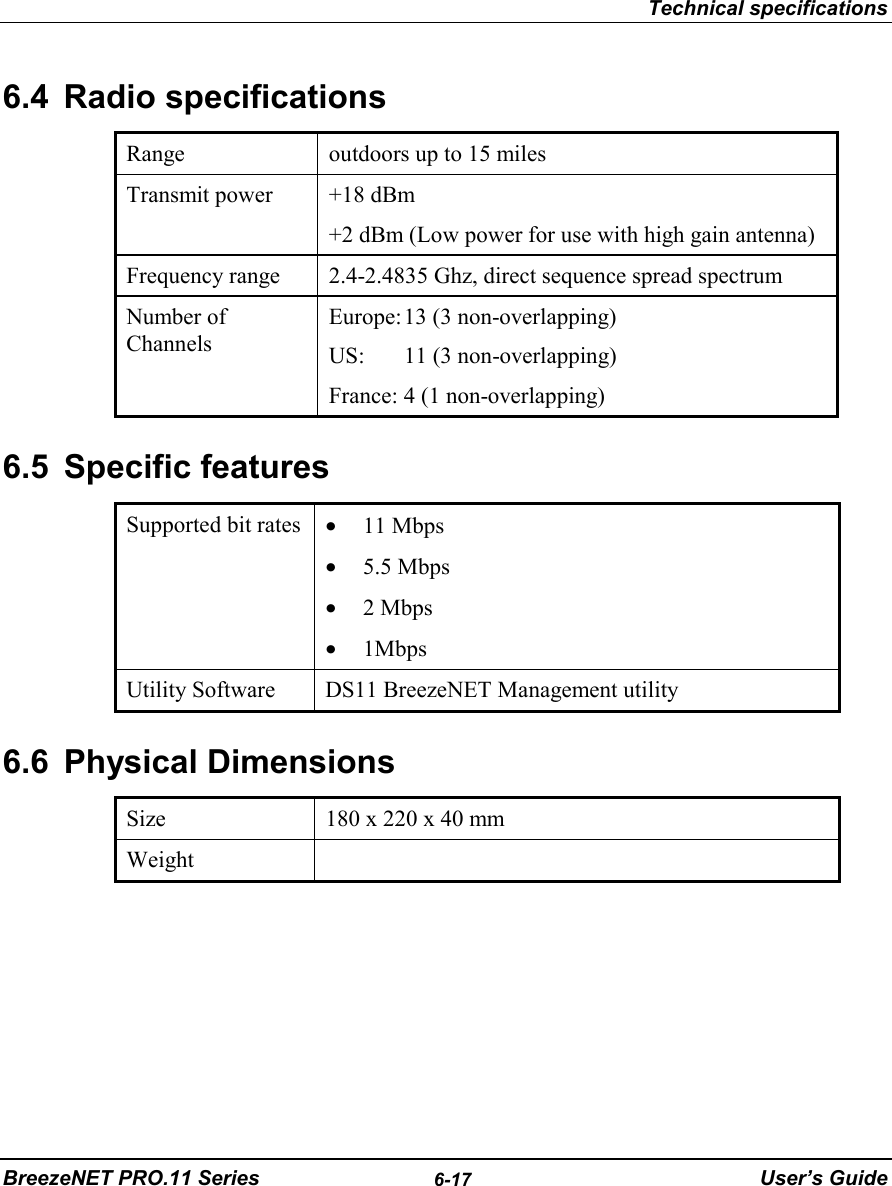 Technical specificationsBreezeNET PRO.11 Series 6-17 User’s Guide6.4 Radio specificationsRange outdoors up to 15 milesTransmit power +18 dBm+2 dBm (Low power for use with high gain antenna)Frequency range 2.4-2.4835 Ghz, direct sequence spread spectrumNumber ofChannelsEurope:13 (3 non-overlapping)US: 11 (3 non-overlapping)France: 4 (1 non-overlapping)6.5 Specific featuresSupported bit rates • 11 Mbps• 5.5 Mbps• 2 Mbps• 1MbpsUtility Software DS11 BreezeNET Management utility6.6 Physical DimensionsSize 180 x 220 x 40 mmWeight