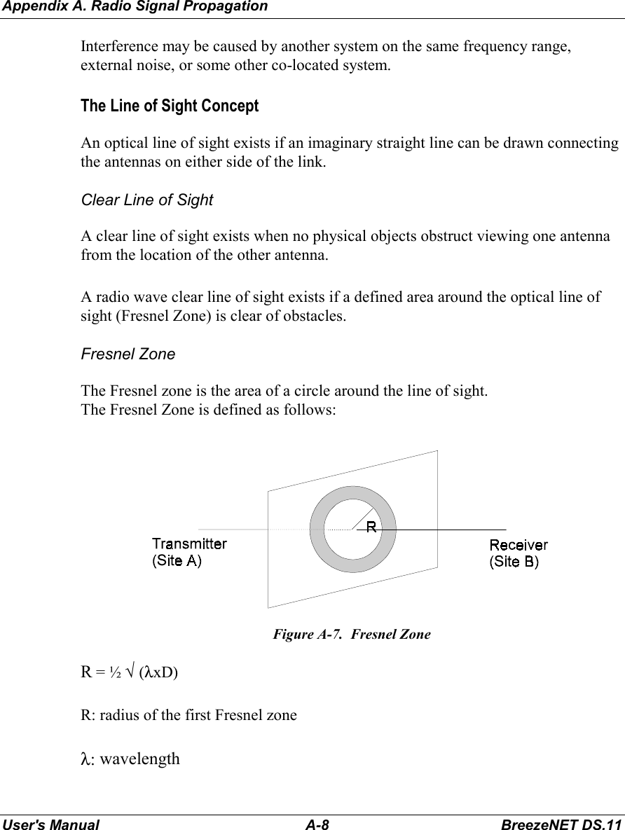 Appendix A. Radio Signal PropagationUser&apos;s Manual A-8 BreezeNET DS.11Interference may be caused by another system on the same frequency range,external noise, or some other co-located system.The Line of Sight ConceptAn optical line of sight exists if an imaginary straight line can be drawn connectingthe antennas on either side of the link.Clear Line of SightA clear line of sight exists when no physical objects obstruct viewing one antennafrom the location of the other antenna.A radio wave clear line of sight exists if a defined area around the optical line ofsight (Fresnel Zone) is clear of obstacles.Fresnel ZoneThe Fresnel zone is the area of a circle around the line of sight.The Fresnel Zone is defined as follows:Figure A-7.  Fresnel ZoneR = ½ √ (λxD)      R: radius of the first Fresnel zoneλ: wavelength
