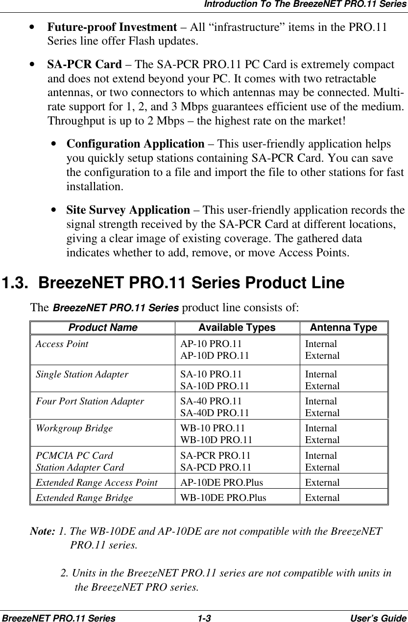 Introduction To The BreezeNET PRO.11 SeriesBreezeNET PRO.11 Series 1-3User’s Guide• Future-proof Investment – All “infrastructure” items in the PRO.11Series line offer Flash updates.• SA-PCR Card – The SA-PCR PRO.11 PC Card is extremely compactand does not extend beyond your PC. It comes with two retractableantennas, or two connectors to which antennas may be connected. Multi-rate support for 1, 2, and 3 Mbps guarantees efficient use of the medium.Throughput is up to 2 Mbps – the highest rate on the market! • Configuration Application – This user-friendly application helpsyou quickly setup stations containing SA-PCR Card. You can savethe configuration to a file and import the file to other stations for fastinstallation. • Site Survey Application – This user-friendly application records thesignal strength received by the SA-PCR Card at different locations,giving a clear image of existing coverage. The gathered dataindicates whether to add, remove, or move Access Points.1.3. BreezeNET PRO.11 Series Product LineThe BreezeNET PRO.11 Series product line consists of:Product Name Available Types Antenna TypeAccess Point AP-10 PRO.11AP-10D PRO.11 InternalExternalSingle Station Adapter SA-10 PRO.11SA-10D PRO.11 InternalExternalFour Port Station Adapter SA-40 PRO.11SA-40D PRO.11 InternalExternalWorkgroup Bridge WB-10 PRO.11WB-10D PRO.11 InternalExternalPCMCIA PC CardStation Adapter Card SA-PCR PRO.11SA-PCD PRO.11 InternalExternalExtended Range Access Point AP-10DE PRO.Plus ExternalExtended Range Bridge WB-10DE PRO.Plus ExternalNote: 1. The WB-10DE and AP-10DE are not compatible with the BreezeNETPRO.11 series.2. Units in the BreezeNET PRO.11 series are not compatible with units inthe BreezeNET PRO series.