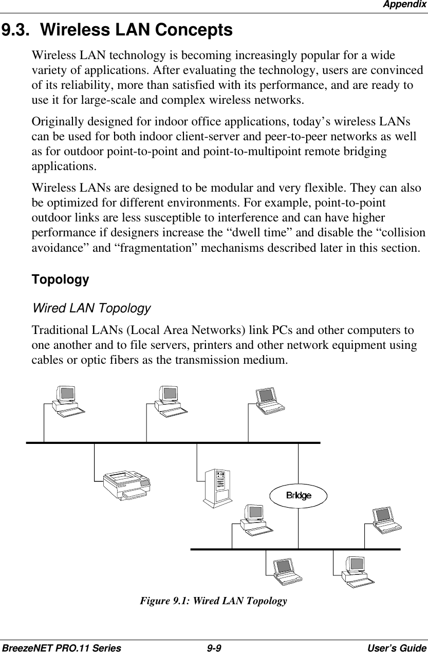 AppendixBreezeNET PRO.11 Series 9-9User’s Guide9.3. Wireless LAN ConceptsWireless LAN technology is becoming increasingly popular for a widevariety of applications. After evaluating the technology, users are convincedof its reliability, more than satisfied with its performance, and are ready touse it for large-scale and complex wireless networks.Originally designed for indoor office applications, today’s wireless LANscan be used for both indoor client-server and peer-to-peer networks as wellas for outdoor point-to-point and point-to-multipoint remote bridgingapplications.Wireless LANs are designed to be modular and very flexible. They can alsobe optimized for different environments. For example, point-to-pointoutdoor links are less susceptible to interference and can have higherperformance if designers increase the “dwell time” and disable the “collisionavoidance” and “fragmentation” mechanisms described later in this section.TopologyWired LAN TopologyTraditional LANs (Local Area Networks) link PCs and other computers toone another and to file servers, printers and other network equipment usingcables or optic fibers as the transmission medium.Figure 9.1: Wired LAN Topology