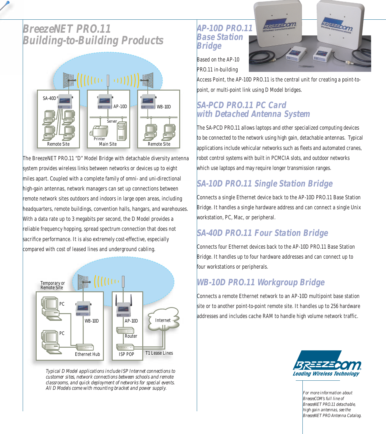 Temporary orRemote SiteEthernet HubWB-10DPCPCAP-10D InternetRouterISP POP T1 Lease LinesWB-10DMain Site Remote SiteRemote SiteSA-40DAP-10DPrinterServerBreezeNET PRO.11 Building-to-Building ProductsThe BreezeNET PRO.11 “D” Model Bridge with detachable diversity antennasystem provides wireless links between networks or devices up to eightmiles apart. Coupled with a complete family of omni- and uni-directionalhigh-gain antennas, network managers can set up connections betweenremote network sites outdoors and indoors in large open areas, includingheadquarters, remote buildings, convention halls, hangars, and warehouses.With a data rate up to 3 megabits per second, the D Model provides areliable frequency hopping, spread spectrum connection that does notsacriﬁce performance. It is also extremely cost-effective, especiallycompared with cost of leased lines and underground cabling.Typical D Model applications include ISP Internet connections tocustomer sites, network connections between schools and remoteclassrooms, and quick deployment of networks for special events. All D Models come with mounting bracket and power supply.AP-10D PRO.11Base StationBridgeBased on the AP-10PRO.11 in-buildingAccess Point, the AP-10D PRO.11 is the central unit for creating a point-to-point, or multi-point link using D Model bridges. SA-PCD PRO.11 PC Cardwith Detached Antenna SystemThe SA-PCD PRO.11 allows laptops and other specialized computing devicesto be connected to the network using high gain, detachable antennas.  Typicalapplications include vehicular networks such as ﬂeets and automated cranes,robot control systems with built in PCMCIA slots, and outdoor networkswhich use laptops and may require longer transmission ranges.SA-10D PRO.11 Single Station BridgeConnects a single Ethernet device back to the AP-10D PRO.11 Base StationBridge. It handles a single hardware address and can connect a single Unixworkstation, PC, Mac, or peripheral.SA-40D PRO.11 Four Station BridgeConnects four Ethernet devices back to the AP-10D PRO.11 Base StationBridge. It handles up to four hardware addresses and can connect up tofour workstations or peripherals.WB-10D PRO.11 Workgroup BridgeConnects a remote Ethernet network to an AP-10D multipoint base stationsite or to another point-to-point remote site. It handles up to 256 hardwareaddresses and includes cache RAM to handle high volume network traffic.For more information aboutBreezeCOM’s full line ofBreezeNET PRO.11 detachable,high gain antennas, see theBreezeNET PRO Antenna Catalog.