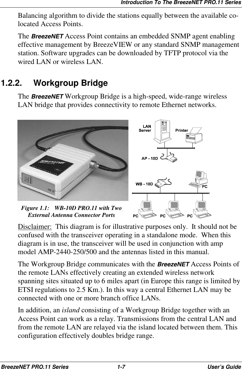 Introduction To The BreezeNET PRO.11 SeriesBreezeNET PRO.11 Series 1-7 User’s GuideBalancing algorithm to divide the stations equally between the available co-located Access Points.The BreezeNET Access Point contains an embedded SNMP agent enablingeffective management by BreezeVIEW or any standard SNMP managementstation. Software upgrades can be downloaded by TFTP protocol via thewired LAN or wireless LAN.1.2.2. Workgroup BridgeThe BreezeNET Workgroup Bridge is a high-speed, wide-range wirelessLAN bridge that provides connectivity to remote Ethernet networks.Figure 1.1:  WB-10D PRO.11 with TwoExternal Antenna Connector PortsDisclaimer:  This diagram is for illustrative purposes only.  It should not beconfused with the transceiver operating in a standalone mode.  When thisdiagram is in use, the transceiver will be used in conjunction with ampmodel AMP-2440-250/500 and the antennas listed in this manual.The Workgroup Bridge communicates with the BreezeNET Access Points ofthe remote LANs effectively creating an extended wireless networkspanning sites situated up to 6 miles apart (in Europe this range is limited byETSI regulations to 2.5 Km.). In this way a central Ethernet LAN may beconnected with one or more branch office LANs.In addition, an island consisting of a Workgroup Bridge together with anAccess Point can work as a relay. Transmissions from the central LAN andfrom the remote LAN are relayed via the island located between them. Thisconfiguration effectively doubles bridge range.