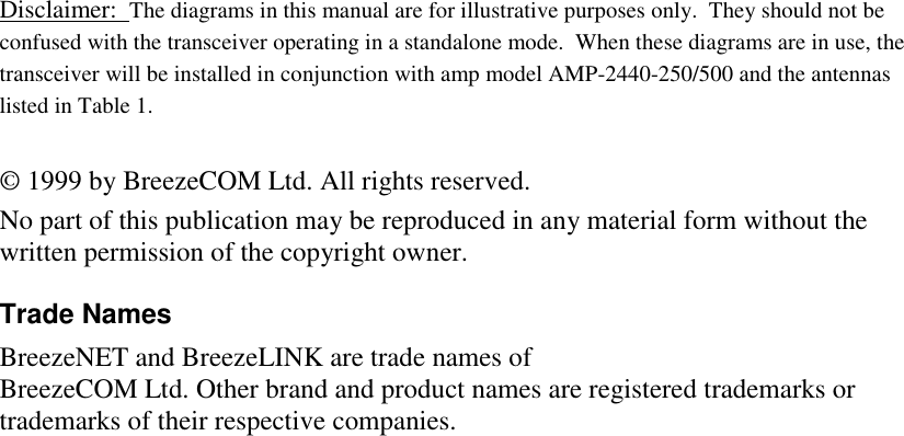 Disclaimer:  The diagrams in this manual are for illustrative purposes only.  They should not beconfused with the transceiver operating in a standalone mode.  When these diagrams are in use, thetransceiver will be installed in conjunction with amp model AMP-2440-250/500 and the antennaslisted in Table 1.© 1999 by BreezeCOM Ltd. All rights reserved.No part of this publication may be reproduced in any material form without thewritten permission of the copyright owner.Trade NamesBreezeNET and BreezeLINK are trade names ofBreezeCOM Ltd. Other brand and product names are registered trademarks ortrademarks of their respective companies.