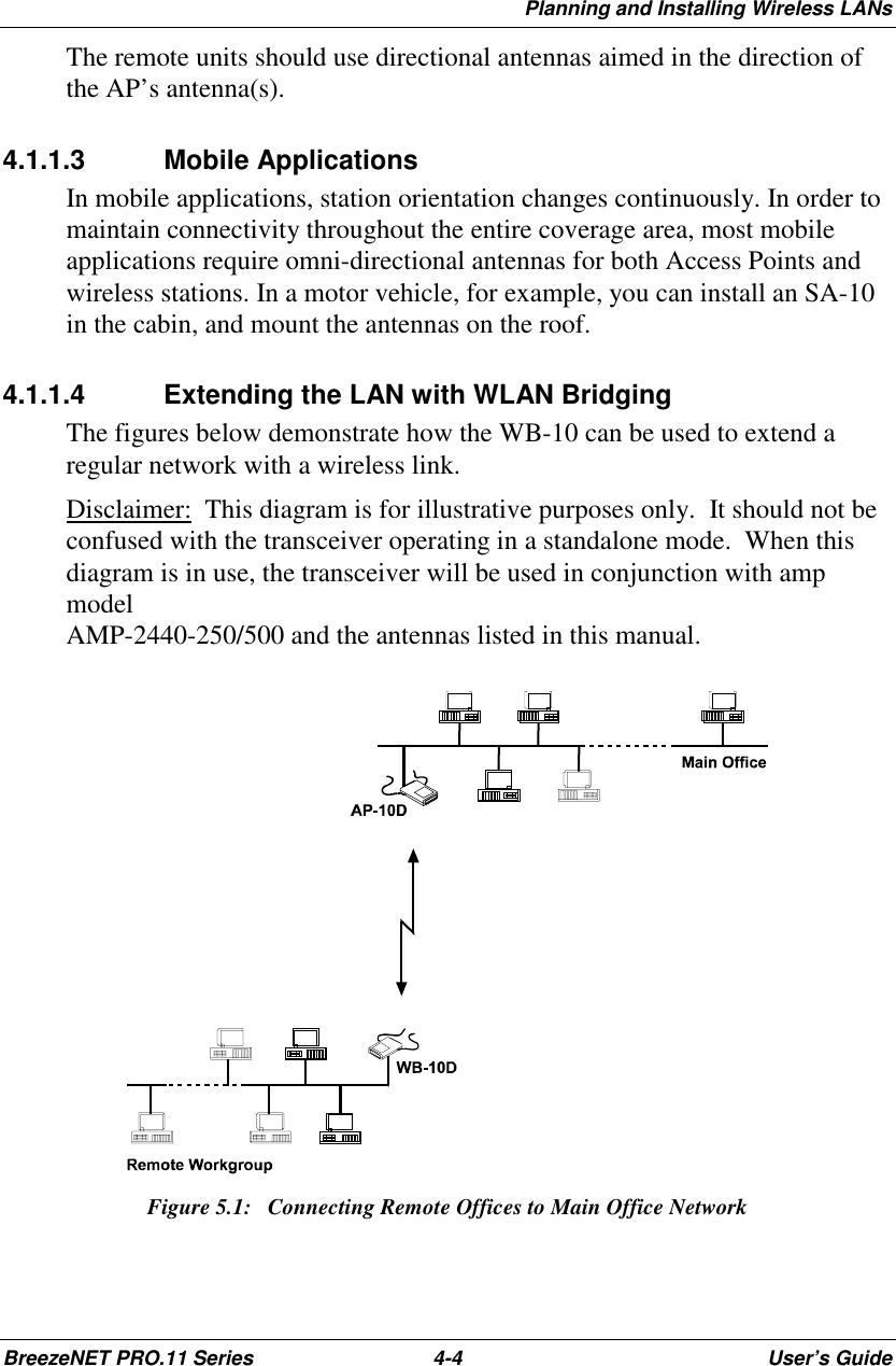 Planning and Installing Wireless LANsBreezeNET PRO.11 Series 4-4 User’s GuideThe remote units should use directional antennas aimed in the direction ofthe AP’s antenna(s).4.1.1.3 Mobile ApplicationsIn mobile applications, station orientation changes continuously. In order tomaintain connectivity throughout the entire coverage area, most mobileapplications require omni-directional antennas for both Access Points andwireless stations. In a motor vehicle, for example, you can install an SA-10in the cabin, and mount the antennas on the roof.4.1.1.4  Extending the LAN with WLAN BridgingThe figures below demonstrate how the WB-10 can be used to extend aregular network with a wireless link.Disclaimer:  This diagram is for illustrative purposes only.  It should not beconfused with the transceiver operating in a standalone mode.  When thisdiagram is in use, the transceiver will be used in conjunction with ampmodelAMP-2440-250/500 and the antennas listed in this manual.Figure 5.1:  Connecting Remote Offices to Main Office Network