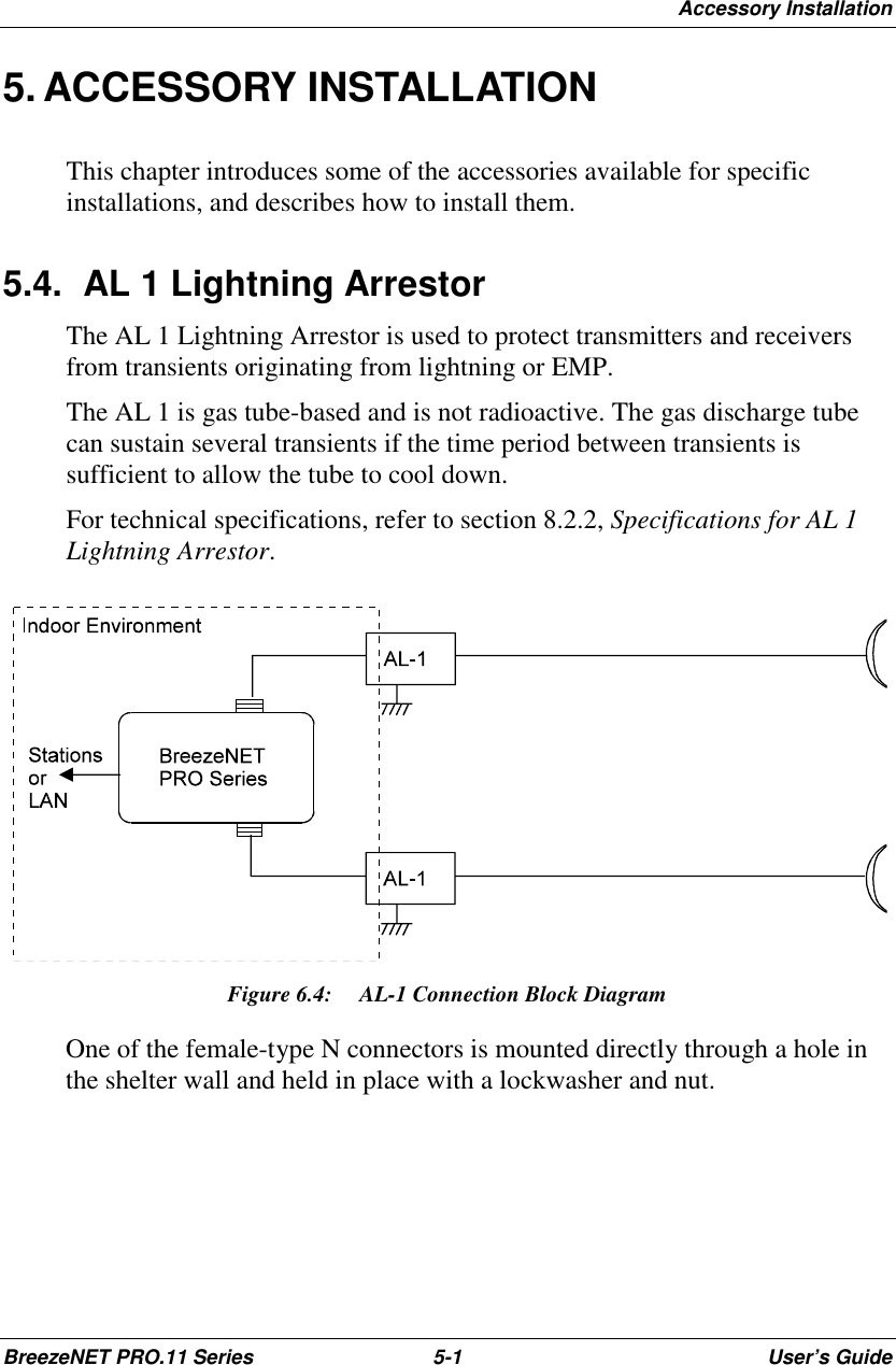 Accessory InstallationBreezeNET PRO.11 Series 5-1 User’s Guide5. ACCESSORY INSTALLATIONThis chapter introduces some of the accessories available for specificinstallations, and describes how to install them.5.4. AL 1 Lightning ArrestorThe AL 1 Lightning Arrestor is used to protect transmitters and receiversfrom transients originating from lightning or EMP.The AL 1 is gas tube-based and is not radioactive. The gas discharge tubecan sustain several transients if the time period between transients issufficient to allow the tube to cool down.For technical specifications, refer to section 8.2.2, Specifications for AL 1Lightning Arrestor.Figure 6.4:   AL-1 Connection Block DiagramOne of the female-type N connectors is mounted directly through a hole inthe shelter wall and held in place with a lockwasher and nut.