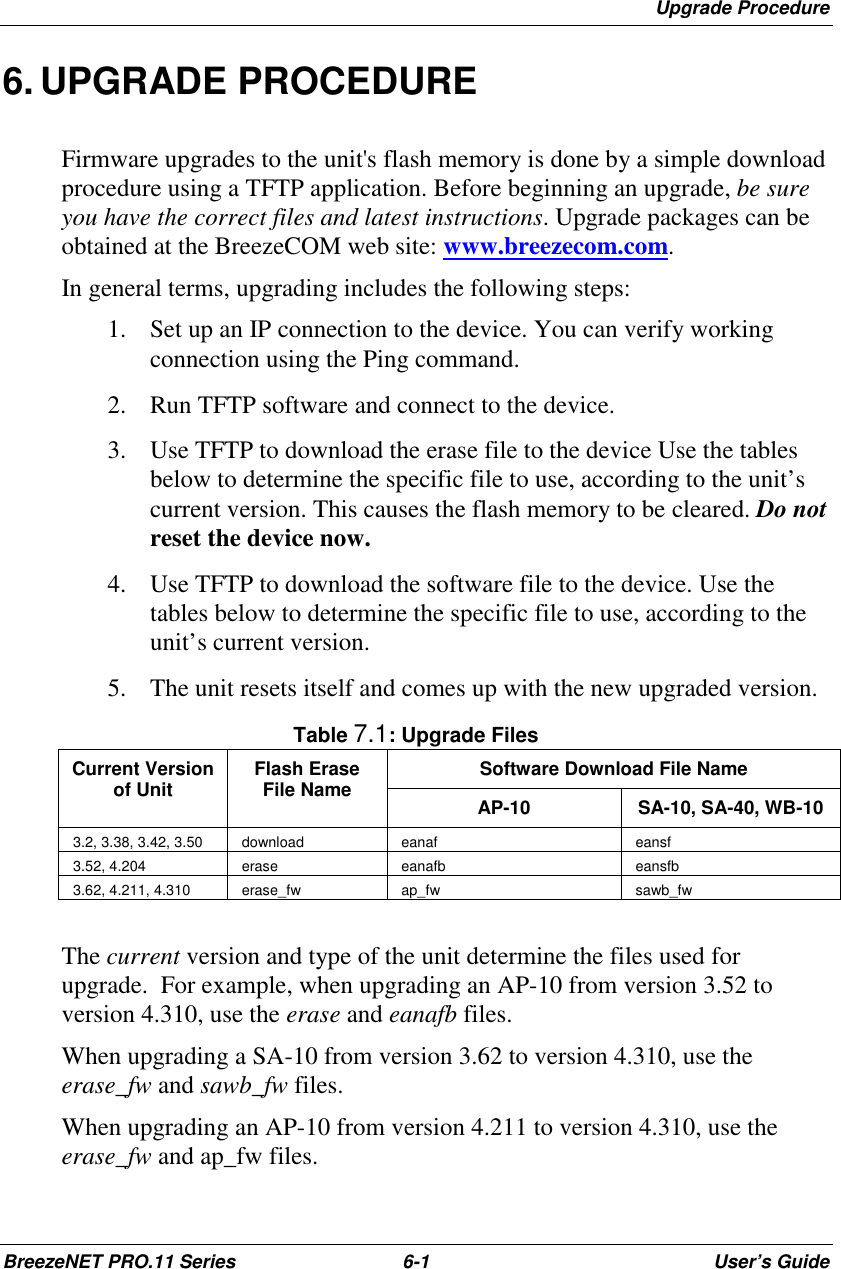 Upgrade ProcedureBreezeNET PRO.11 Series 6-1 User’s Guide6. UPGRADE PROCEDUREFirmware upgrades to the unit&apos;s flash memory is done by a simple downloadprocedure using a TFTP application. Before beginning an upgrade, be sureyou have the correct files and latest instructions. Upgrade packages can beobtained at the BreezeCOM web site: www.breezecom.com.In general terms, upgrading includes the following steps:1. Set up an IP connection to the device. You can verify workingconnection using the Ping command.2. Run TFTP software and connect to the device.3. Use TFTP to download the erase file to the device Use the tablesbelow to determine the specific file to use, according to the unit’scurrent version. This causes the flash memory to be cleared. Do notreset the device now.4. Use TFTP to download the software file to the device. Use thetables below to determine the specific file to use, according to theunit’s current version.5. The unit resets itself and comes up with the new upgraded version.Table 7.1: Upgrade FilesSoftware Download File NameCurrent Versionof Unit Flash EraseFile Name AP-10 SA-10, SA-40, WB-103.2, 3.38, 3.42, 3.50 download eanaf eansf3.52, 4.204 erase eanafb eansfb3.62, 4.211, 4.310 erase_fw ap_fw sawb_fwThe current version and type of the unit determine the files used forupgrade.  For example, when upgrading an AP-10 from version 3.52 toversion 4.310, use the erase and eanafb files.When upgrading a SA-10 from version 3.62 to version 4.310, use theerase_fw and sawb_fw files.When upgrading an AP-10 from version 4.211 to version 4.310, use theerase_fw and ap_fw files.