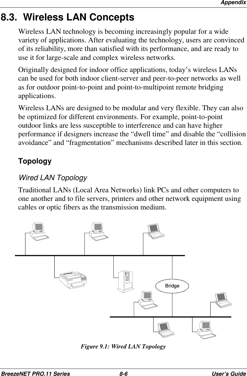 AppendixBreezeNET PRO.11 Series 8-6 User’s Guide8.3.  Wireless LAN ConceptsWireless LAN technology is becoming increasingly popular for a widevariety of applications. After evaluating the technology, users are convincedof its reliability, more than satisfied with its performance, and are ready touse it for large-scale and complex wireless networks.Originally designed for indoor office applications, today’s wireless LANscan be used for both indoor client-server and peer-to-peer networks as wellas for outdoor point-to-point and point-to-multipoint remote bridgingapplications.Wireless LANs are designed to be modular and very flexible. They can alsobe optimized for different environments. For example, point-to-pointoutdoor links are less susceptible to interference and can have higherperformance if designers increase the “dwell time” and disable the “collisionavoidance” and “fragmentation” mechanisms described later in this section.TopologyWired LAN TopologyTraditional LANs (Local Area Networks) link PCs and other computers toone another and to file servers, printers and other network equipment usingcables or optic fibers as the transmission medium.Figure 9.1: Wired LAN Topology