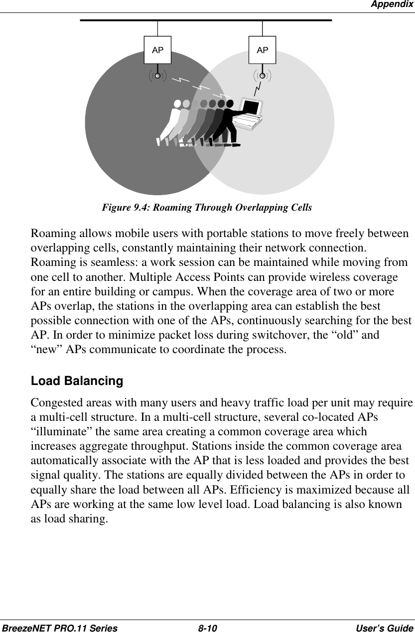 AppendixBreezeNET PRO.11 Series 8-10 User’s GuideFigure 9.4: Roaming Through Overlapping CellsRoaming allows mobile users with portable stations to move freely betweenoverlapping cells, constantly maintaining their network connection.Roaming is seamless: a work session can be maintained while moving fromone cell to another. Multiple Access Points can provide wireless coveragefor an entire building or campus. When the coverage area of two or moreAPs overlap, the stations in the overlapping area can establish the bestpossible connection with one of the APs, continuously searching for the bestAP. In order to minimize packet loss during switchover, the “old” and“new” APs communicate to coordinate the process.Load BalancingCongested areas with many users and heavy traffic load per unit may requirea multi-cell structure. In a multi-cell structure, several co-located APs“illuminate” the same area creating a common coverage area whichincreases aggregate throughput. Stations inside the common coverage areaautomatically associate with the AP that is less loaded and provides the bestsignal quality. The stations are equally divided between the APs in order toequally share the load between all APs. Efficiency is maximized because allAPs are working at the same low level load. Load balancing is also knownas load sharing.