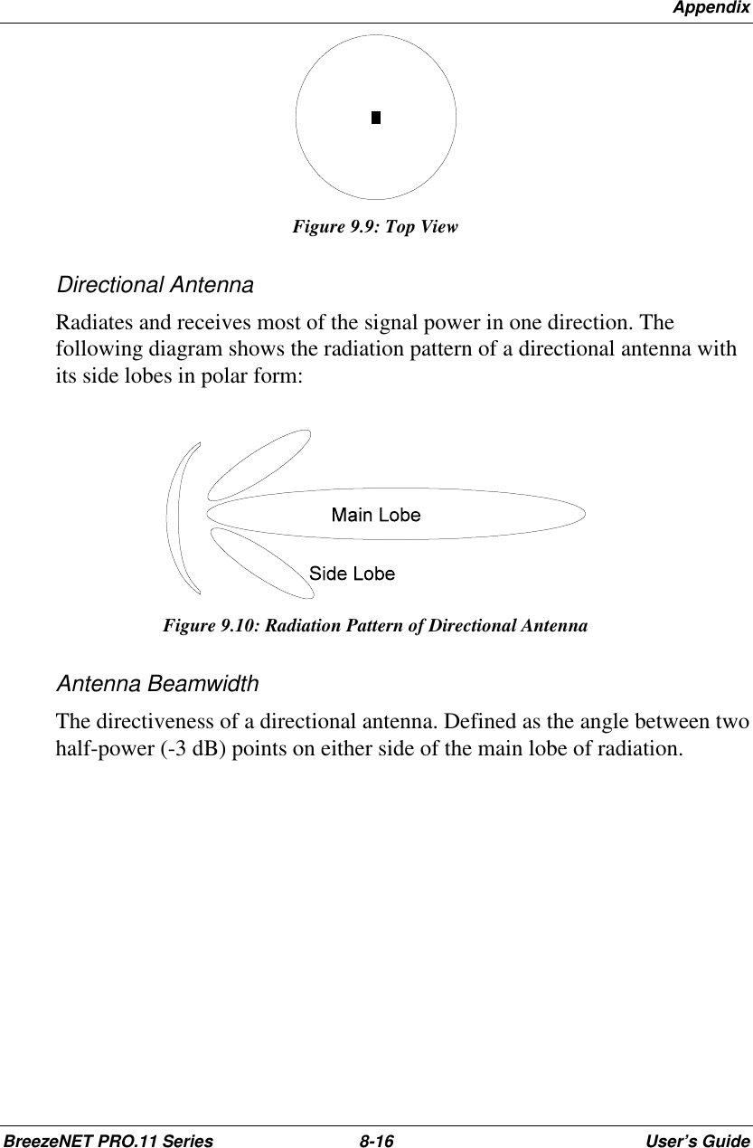 AppendixBreezeNET PRO.11 Series 8-16 User’s GuideFigure 9.9: Top ViewDirectional AntennaRadiates and receives most of the signal power in one direction. Thefollowing diagram shows the radiation pattern of a directional antenna withits side lobes in polar form:Figure 9.10: Radiation Pattern of Directional AntennaAntenna BeamwidthThe directiveness of a directional antenna. Defined as the angle between twohalf-power (-3 dB) points on either side of the main lobe of radiation.