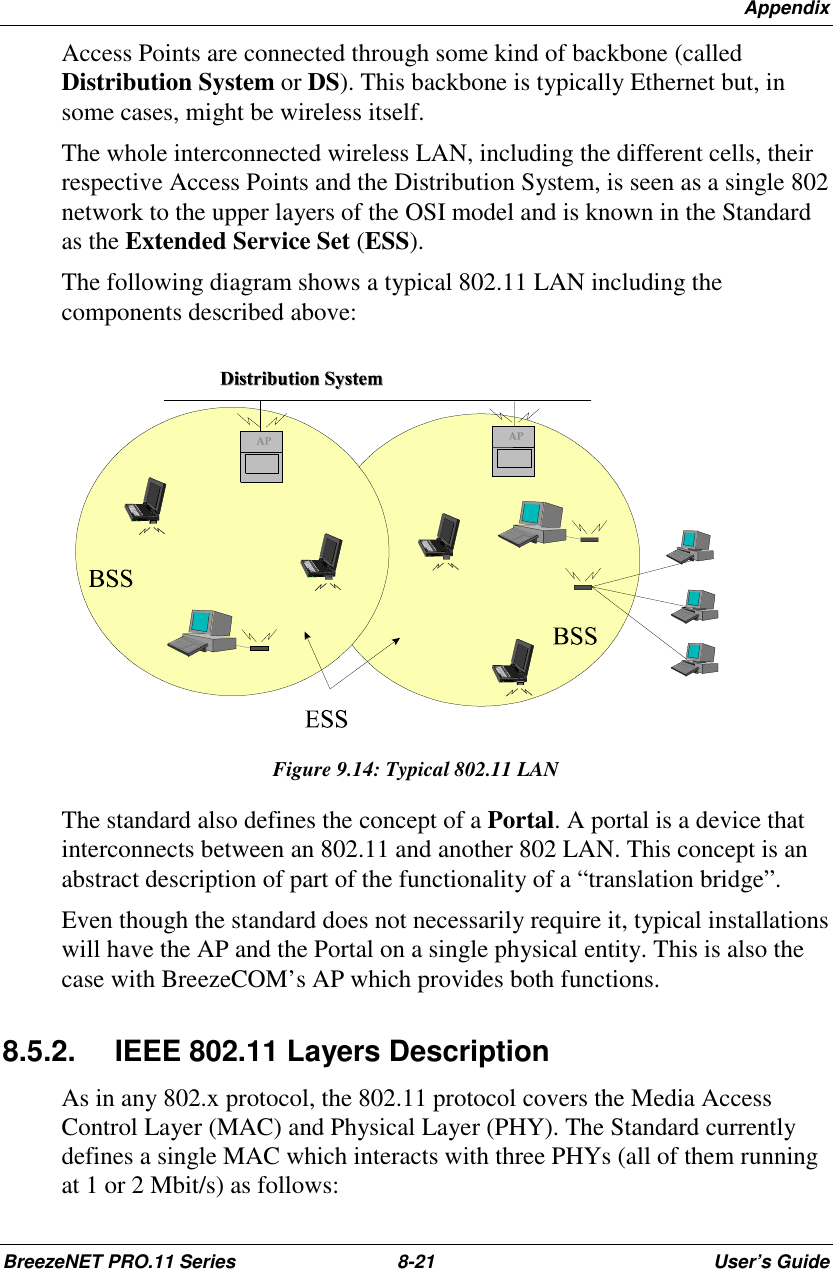 AppendixBreezeNET PRO.11 Series 8-21 User’s GuideAccess Points are connected through some kind of backbone (calledDistribution System or DS). This backbone is typically Ethernet but, insome cases, might be wireless itself.The whole interconnected wireless LAN, including the different cells, theirrespective Access Points and the Distribution System, is seen as a single 802network to the upper layers of the OSI model and is known in the Standardas the Extended Service Set (ESS).The following diagram shows a typical 802.11 LAN including thecomponents described above:Figure 9.14: Typical 802.11 LANThe standard also defines the concept of a Portal. A portal is a device thatinterconnects between an 802.11 and another 802 LAN. This concept is anabstract description of part of the functionality of a “translation bridge”.Even though the standard does not necessarily require it, typical installationswill have the AP and the Portal on a single physical entity. This is also thecase with BreezeCOM’s AP which provides both functions.8.5.2.  IEEE 802.11 Layers DescriptionAs in any 802.x protocol, the 802.11 protocol covers the Media AccessControl Layer (MAC) and Physical Layer (PHY). The Standard currentlydefines a single MAC which interacts with three PHYs (all of them runningat 1 or 2 Mbit/s) as follows: