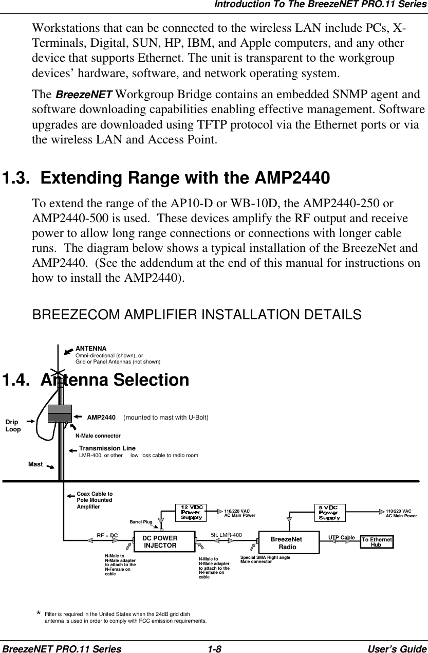 Introduction To The BreezeNET PRO.11 SeriesBreezeNET PRO.11 Series 1-8User’s GuideWorkstations that can be connected to the wireless LAN include PCs, X-Terminals, Digital, SUN, HP, IBM, and Apple computers, and any otherdevice that supports Ethernet. The unit is transparent to the workgroupdevices’ hardware, software, and network operating system.The BreezeNET Workgroup Bridge contains an embedded SNMP agent andsoftware downloading capabilities enabling effective management. Softwareupgrades are downloaded using TFTP protocol via the Ethernet ports or viathe wireless LAN and Access Point.1.3. Extending Range with the AMP2440To extend the range of the AP10-D or WB-10D, the AMP2440-250 orAMP2440-500 is used.  These devices amplify the RF output and receivepower to allow long range connections or connections with longer cableruns.  The diagram below shows a typical installation of the BreezeNet andAMP2440.  (See the addendum at the end of this manual for instructions onhow to install the AMP2440).1.4. Antenna SelectionBREEZECOM AMPLIFIER INSTALLATION DETAILSDC POWERINJECTOR BreezeNetRadio To EthernetHubUTP Cable5ft. LMR-400RF + DCN-Male toN-Male adapterto attach to theN-Female oncableSpecial SMA Right angleMale connectorANTENNAOmni-directional (shown), orGrid or Panel Antennas (not shown)AMP2440 (mounted to mast with U-Bolt)N-Male connectorTransmission LineLMR-400, or other low  loss cable to radio roomMastDripLoopCoax Cable toPole MountedAmplifierBarrel Plug110/220 VACAC Main Power 110/220 VACAC Main Power*Filter is required in the United States when the 24dB grid dishantenna is used in order to comply with FCC emission requirements.N-Male toN-Male adapterto attach to theN-Female oncable