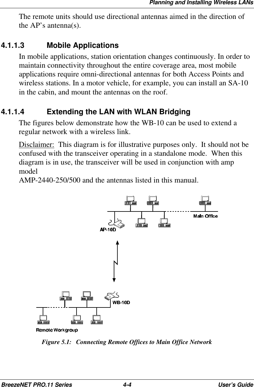 Planning and Installing Wireless LANsBreezeNET PRO.11 Series 4-4User’s GuideThe remote units should use directional antennas aimed in the direction ofthe AP’s antenna(s).4.1.1.3 Mobile ApplicationsIn mobile applications, station orientation changes continuously. In order tomaintain connectivity throughout the entire coverage area, most mobileapplications require omni-directional antennas for both Access Points andwireless stations. In a motor vehicle, for example, you can install an SA-10in the cabin, and mount the antennas on the roof.4.1.1.4 Extending the LAN with WLAN BridgingThe figures below demonstrate how the WB-10 can be used to extend aregular network with a wireless link.Disclaimer:  This diagram is for illustrative purposes only.  It should not beconfused with the transceiver operating in a standalone mode.  When thisdiagram is in use, the transceiver will be used in conjunction with ampmodelAMP-2440-250/500 and the antennas listed in this manual.Figure 5.1:  Connecting Remote Offices to Main Office Network