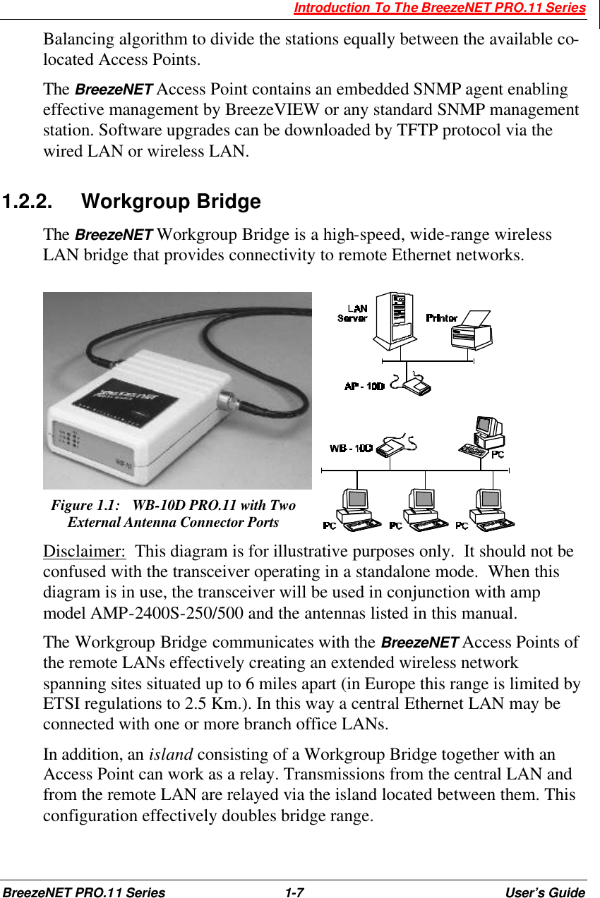  Introduction To The BreezeNET PRO.11 Series BreezeNET PRO.11 Series 1-7 User’s Guide Balancing algorithm to divide the stations equally between the available co-located Access Points. The BreezeNET Access Point contains an embedded SNMP agent enabling effective management by BreezeVIEW or any standard SNMP management station. Software upgrades can be downloaded by TFTP protocol via the wired LAN or wireless LAN.   1.2.2. Workgroup Bridge  The BreezeNET Workgroup Bridge is a high-speed, wide-range wireless LAN bridge that provides connectivity to remote Ethernet networks.   Figure 1.1:  WB-10D PRO.11 with Two External Antenna Connector Ports  Disclaimer:  This diagram is for illustrative purposes only.  It should not be confused with the transceiver operating in a standalone mode.  When this diagram is in use, the transceiver will be used in conjunction with amp model AMP-2400S-250/500 and the antennas listed in this manual. The Workgroup Bridge communicates with the BreezeNET Access Points of the remote LANs effectively creating an extended wireless network spanning sites situated up to 6 miles apart (in Europe this range is limited by ETSI regulations to 2.5 Km.). In this way a central Ethernet LAN may be connected with one or more branch office LANs. In addition, an island consisting of a Workgroup Bridge together with an Access Point can work as a relay. Transmissions from the central LAN and from the remote LAN are relayed via the island located between them. This configuration effectively doubles bridge range. 