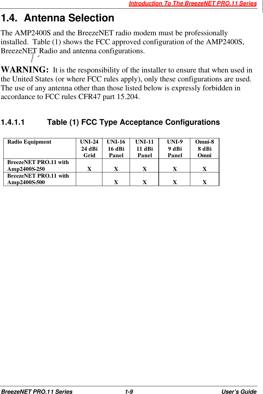  Introduction To The BreezeNET PRO.11 Series BreezeNET PRO.11 Series 1-9 User’s Guide 1.4. Antenna Selection The AMP2400S and the BreezeNET radio modem must be professionally installed.  Table (1) shows the FCC approved configuration of the AMP2400S, BreezeNET Radio and antenna configurations.  WARNING:  It is the responsibility of the installer to ensure that when used in the United States (or where FCC rules apply), only these configurations are used.  The use of any antenna other than those listed below is expressly forbidden in accordance to FCC rules CFR47 part 15.204.   1.4.1.1 Table (1) FCC Type Acceptance Configurations  Radio Equipment UNI-24 24 dBi Grid UNI-16  16 dBi Panel UNI-11 11 dBi Panel UNI-9 9 dBi Panel Omni-8  8 dBi Omni BreezeNET PRO.11 with Amp2400S-250  X  X  X  X  X BreezeNET PRO.11 with Amp2400S-500    X  X  X  X  