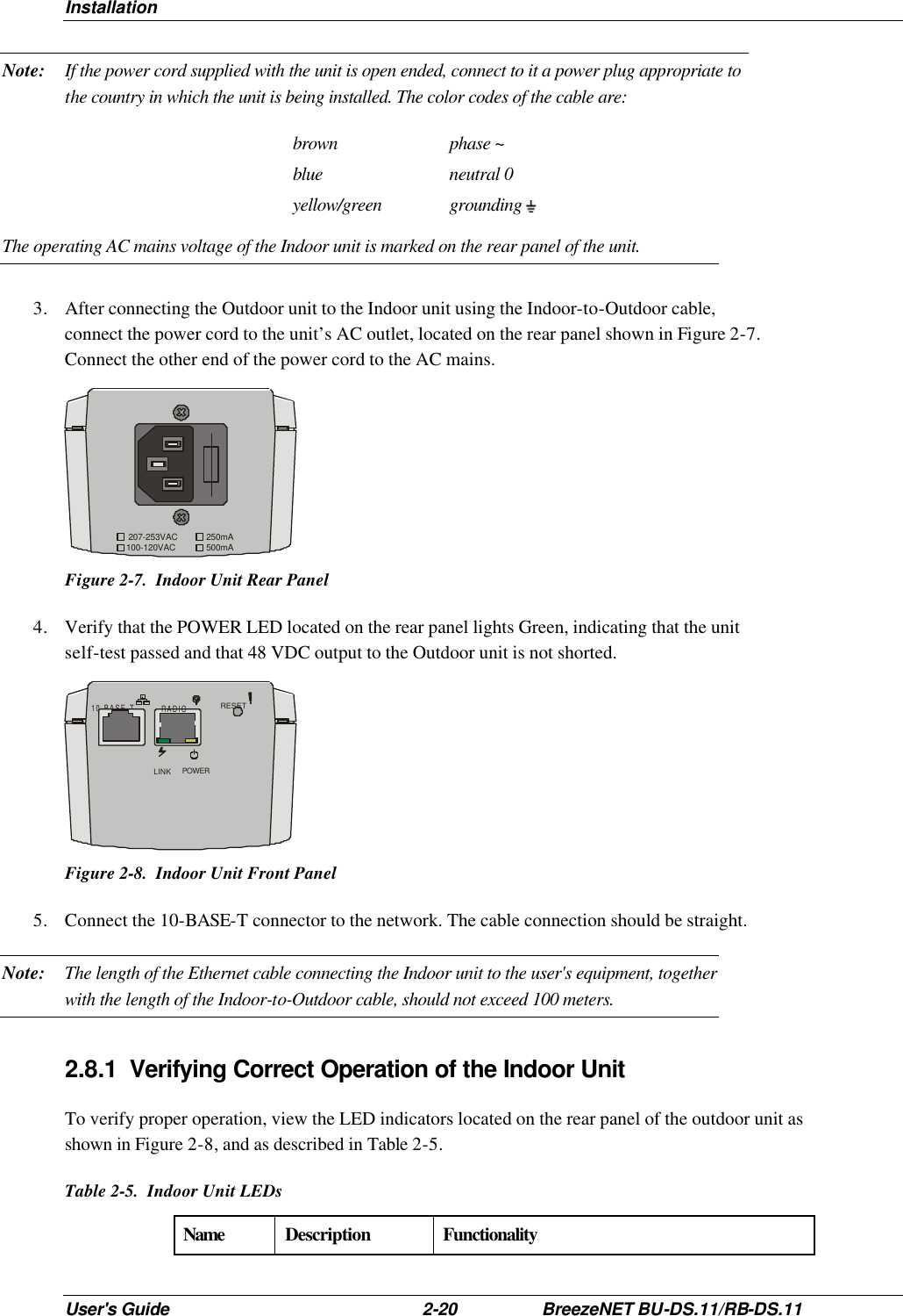 Installation User&apos;s Guide 2-20 BreezeNET BU-DS.11/RB-DS.11 Note: If the power cord supplied with the unit is open ended, connect to it a power plug appropriate to the country in which the unit is being installed. The color codes of the cable are: brown phase ~ blue neutral 0 yellow/green grounding   The operating AC mains voltage of the Indoor unit is marked on the rear panel of the unit. 3. After connecting the Outdoor unit to the Indoor unit using the Indoor-to-Outdoor cable, connect the power cord to the unit’s AC outlet, located on the rear panel shown in Figure 2-7. Connect the other end of the power cord to the AC mains. 100-120VAC207-253VAC 250mA500mA  Figure 2-7.  Indoor Unit Rear Panel 4. Verify that the POWER LED located on the rear panel lights Green, indicating that the unit self-test passed and that 48 VDC output to the Outdoor unit is not shorted. 10-BASE-T RADIORESETLINK POWER Figure 2-8.  Indoor Unit Front Panel 5. Connect the 10-BASE-T connector to the network. The cable connection should be straight. Note: The length of the Ethernet cable connecting the Indoor unit to the user&apos;s equipment, together with the length of the Indoor-to-Outdoor cable, should not exceed 100 meters.  2.8.1 Verifying Correct Operation of the Indoor Unit To verify proper operation, view the LED indicators located on the rear panel of the outdoor unit as shown in Figure 2-8, and as described in Table 2-5. Table 2-5.  Indoor Unit LEDs Name  Description Functionality 