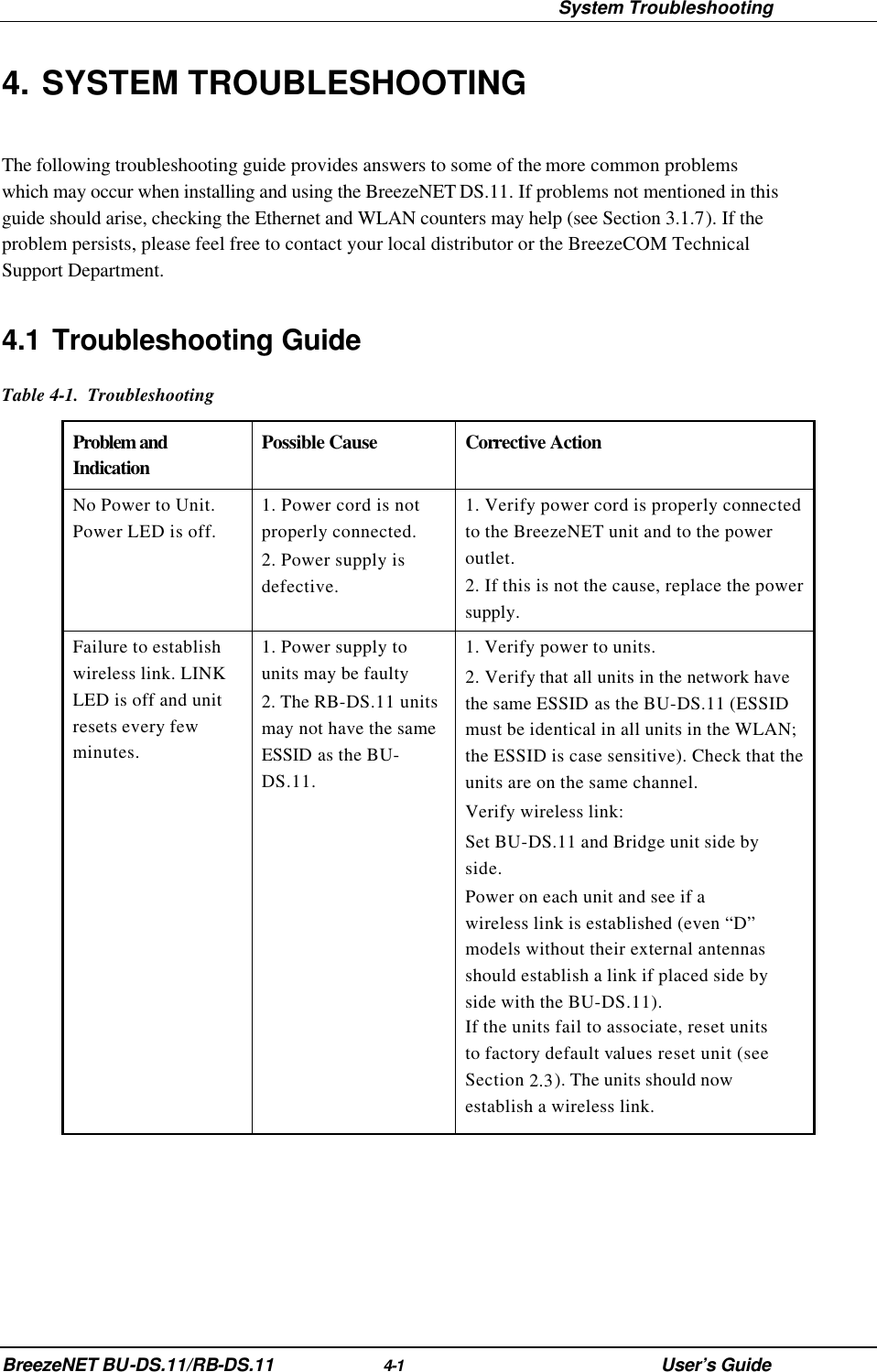  System Troubleshooting BreezeNET BU-DS.11/RB-DS.11 4-1 User’s Guide 4. SYSTEM TROUBLESHOOTING The following troubleshooting guide provides answers to some of the more common problems which may occur when installing and using the BreezeNET DS.11. If problems not mentioned in this guide should arise, checking the Ethernet and WLAN counters may help (see Section 3.1.7). If the problem persists, please feel free to contact your local distributor or the BreezeCOM Technical Support Department. 4.1 Troubleshooting Guide Table 4-1.  Troubleshooting Problem and Indication Possible Cause Corrective Action No Power to Unit. Power LED is off. 1. Power cord is not properly connected.  2. Power supply is defective. 1. Verify power cord is properly connected to the BreezeNET unit and to the power outlet.  2. If this is not the cause, replace the power supply. Failure to establish wireless link. LINK LED is off and unit resets every few minutes. 1. Power supply to units may be faulty 2. The RB-DS.11 units may not have the same ESSID as the BU-DS.11. 1. Verify power to units. 2. Verify that all units in the network have the same ESSID as the BU-DS.11 (ESSID must be identical in all units in the WLAN; the ESSID is case sensitive). Check that the units are on the same channel. Verify wireless link: Set BU-DS.11 and Bridge unit side by side. Power on each unit and see if a wireless link is established (even “D” models without their external antennas should establish a link if placed side by side with the BU-DS.11). If the units fail to associate, reset units to factory default values reset unit (see Section 2.3). The units should now establish a wireless link. 