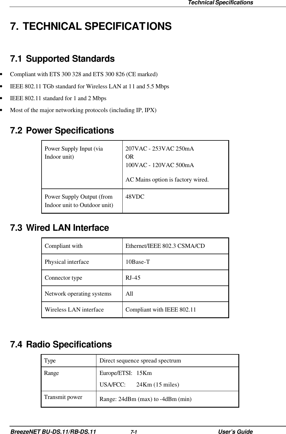  Technical Specifications BreezeNET BU-DS.11/RB-DS.11 7-1 User’s Guide 7. TECHNICAL SPECIFICATIONS 7.1 Supported Standards • Compliant with ETS 300 328 and ETS 300 826 (CE marked) • IEEE 802.11 TGb standard for Wireless LAN at 11 and 5.5 Mbps • IEEE 802.11 standard for 1 and 2 Mbps • Most of the major networking protocols (including IP, IPX) 7.2 Power Specifications Power Supply Input (via Indoor unit) 207VAC - 253VAC 250mA OR 100VAC - 120VAC 500mA AC Mains option is factory wired. Power Supply Output (from Indoor unit to Outdoor unit) 48VDC 7.3 Wired LAN Interface Compliant with Ethernet/IEEE 802.3 CSMA/CD Physical interface 10Base-T Connector type RJ-45 Network operating systems All Wireless LAN interface Compliant with IEEE 802.11  7.4 Radio Specifications Type Direct sequence spread spectrum Range Europe/ETSI: 15Km USA/FCC: 24Km (15 miles) Transmit power Range: 24dBm (max) to -4dBm (min) 