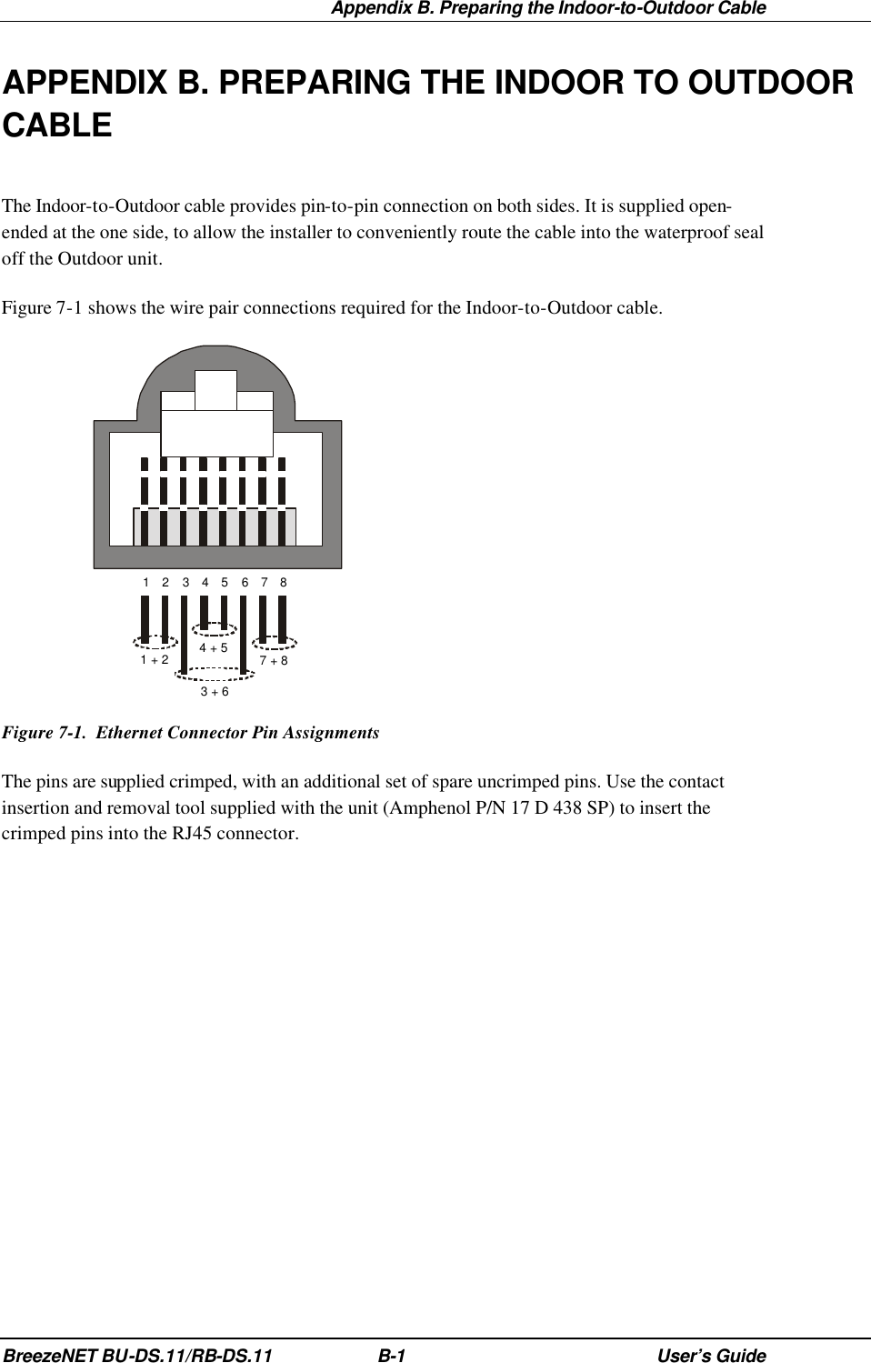  Appendix B. Preparing the Indoor-to-Outdoor Cable BreezeNET BU-DS.11/RB-DS.11 B-1 User’s Guide APPENDIX B. PREPARING THE INDOOR TO OUTDOOR CABLE The Indoor-to-Outdoor cable provides pin-to-pin connection on both sides. It is supplied open-ended at the one side, to allow the installer to conveniently route the cable into the waterproof seal off the Outdoor unit. Figure 7-1 shows the wire pair connections required for the Indoor-to-Outdoor cable. 123456781 + 2 4 + 5 7 + 83 + 6 Figure 7-1.  Ethernet Connector Pin Assignments The pins are supplied crimped, with an additional set of spare uncrimped pins. Use the contact insertion and removal tool supplied with the unit (Amphenol P/N 17 D 438 SP) to insert the crimped pins into the RJ45 connector. 