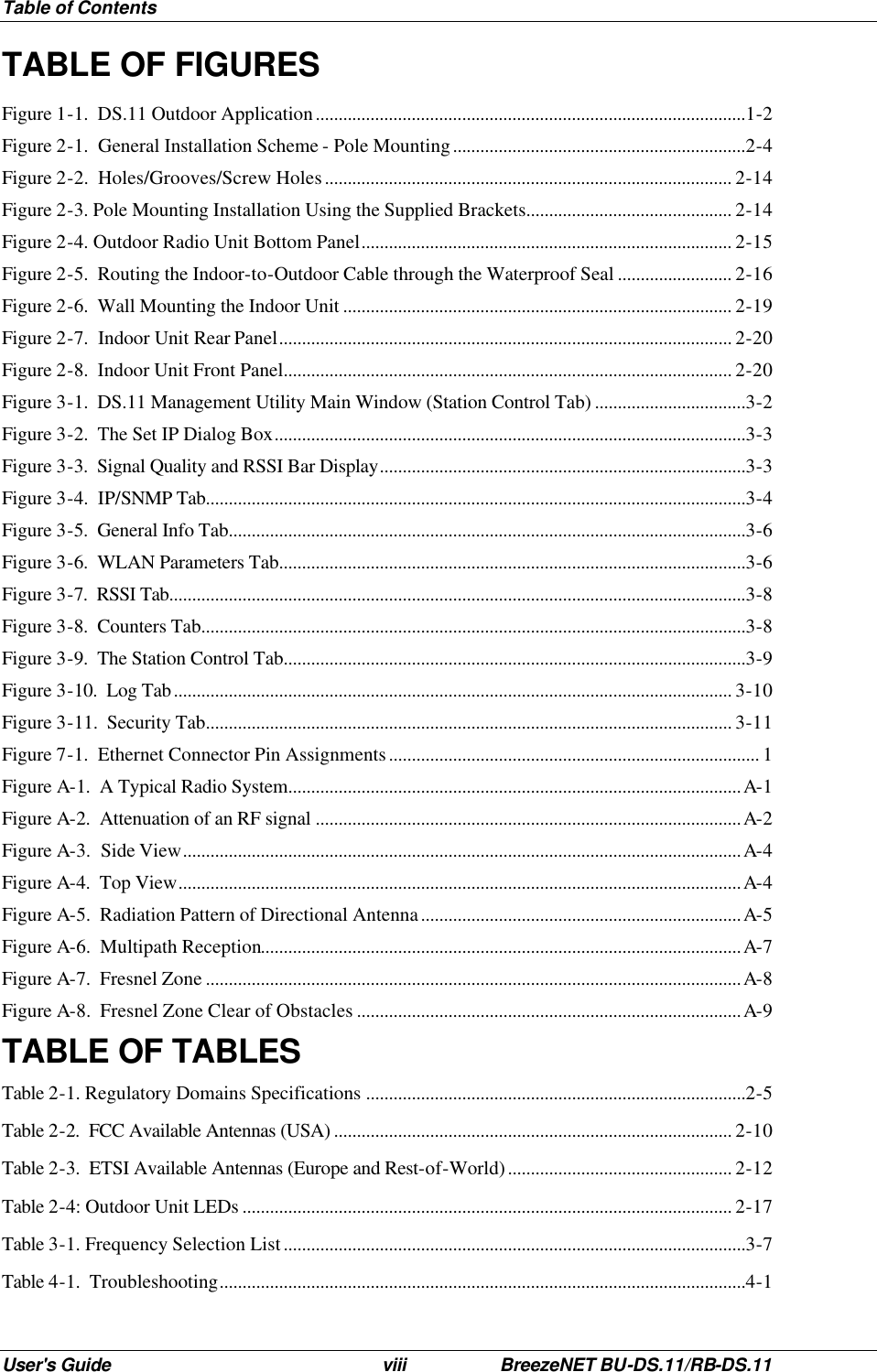 Table of Contents User&apos;s Guide viii BreezeNET BU-DS.11/RB-DS.11 TABLE OF FIGURES Figure 1-1.  DS.11 Outdoor Application..............................................................................................1-2 Figure 2-1.  General Installation Scheme - Pole Mounting................................................................2-4 Figure 2-2.  Holes/Grooves/Screw Holes......................................................................................... 2-14 Figure 2-3. Pole Mounting Installation Using the Supplied Brackets............................................. 2-14 Figure 2-4. Outdoor Radio Unit Bottom Panel................................................................................. 2-15 Figure 2-5.  Routing the Indoor-to-Outdoor Cable through the Waterproof Seal ......................... 2-16 Figure 2-6.  Wall Mounting the Indoor Unit ..................................................................................... 2-19 Figure 2-7.  Indoor Unit Rear Panel................................................................................................... 2-20 Figure 2-8.  Indoor Unit Front Panel.................................................................................................. 2-20 Figure 3-1.  DS.11 Management Utility Main Window (Station Control Tab) .................................3-2 Figure 3-2.  The Set IP Dialog Box.......................................................................................................3-3 Figure 3-3.  Signal Quality and RSSI Bar Display................................................................................3-3 Figure 3-4.  IP/SNMP Tab......................................................................................................................3-4 Figure 3-5.  General Info Tab.................................................................................................................3-6 Figure 3-6.  WLAN Parameters Tab......................................................................................................3-6 Figure 3-7.  RSSI Tab..............................................................................................................................3-8 Figure 3-8.  Counters Tab.......................................................................................................................3-8 Figure 3-9.  The Station Control Tab.....................................................................................................3-9 Figure 3-10.  Log Tab.......................................................................................................................... 3-10 Figure 3-11.  Security Tab................................................................................................................... 3-11 Figure 7-1.  Ethernet Connector Pin Assignments................................................................................. 1 Figure A-1.  A Typical Radio System...................................................................................................A-1 Figure A-2.  Attenuation of an RF signal .............................................................................................A-2 Figure A-3.  Side View..........................................................................................................................A-4 Figure A-4.  Top View...........................................................................................................................A-4 Figure A-5.  Radiation Pattern of Directional Antenna......................................................................A-5 Figure A-6.  Multipath Reception.........................................................................................................A-7 Figure A-7.  Fresnel Zone .....................................................................................................................A-8 Figure A-8.  Fresnel Zone Clear of Obstacles ....................................................................................A-9 TABLE OF TABLES Table 2-1. Regulatory Domains Specifications ...................................................................................2-5 Table 2-2.  FCC Available Antennas (USA) ....................................................................................... 2-10 Table 2-3.  ETSI Available Antennas (Europe and Rest-of-World)................................................. 2-12 Table 2-4: Outdoor Unit LEDs ........................................................................................................... 2-17 Table 3-1. Frequency Selection List.....................................................................................................3-7 Table 4-1.  Troubleshooting...................................................................................................................4-1 