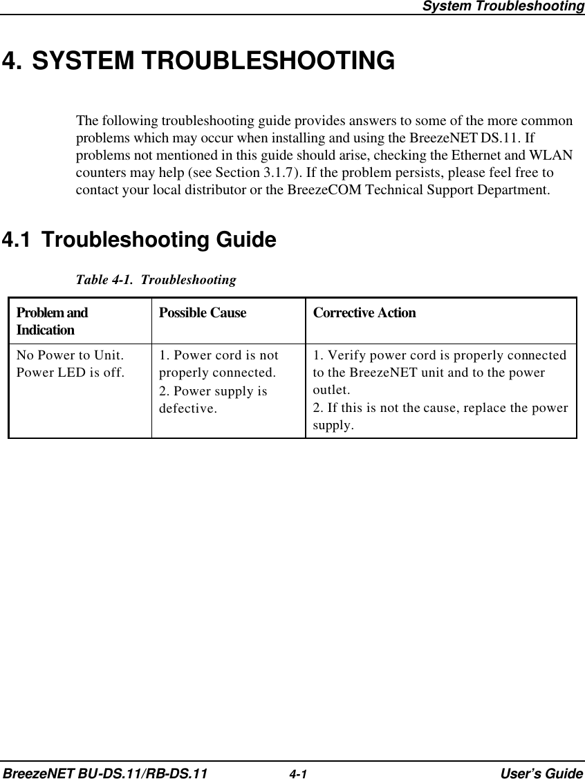  System Troubleshooting BreezeNET BU-DS.11/RB-DS.11 4-1 User’s Guide 4. SYSTEM TROUBLESHOOTING The following troubleshooting guide provides answers to some of the more common problems which may occur when installing and using the BreezeNET DS.11. If problems not mentioned in this guide should arise, checking the Ethernet and WLAN counters may help (see Section 3.1.7). If the problem persists, please feel free to contact your local distributor or the BreezeCOM Technical Support Department. 4.1 Troubleshooting Guide Table 4-1.  Troubleshooting Problem and Indication Possible Cause Corrective Action No Power to Unit. Power LED is off. 1. Power cord is not properly connected.  2. Power supply is defective. 1. Verify power cord is properly connected to the BreezeNET unit and to the power outlet.  2. If this is not the cause, replace the power supply. 