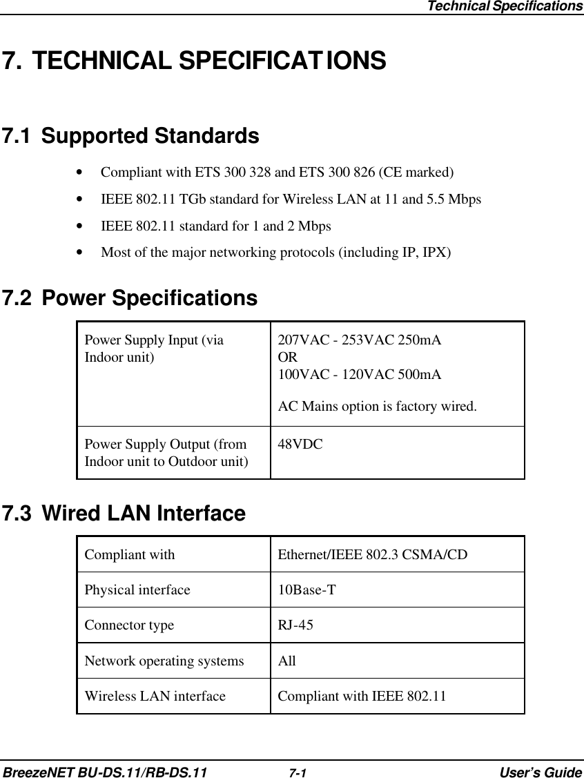  Technical Specifications BreezeNET BU-DS.11/RB-DS.11 7-1 User’s Guide 7. TECHNICAL SPECIFICATIONS 7.1 Supported Standards • Compliant with ETS 300 328 and ETS 300 826 (CE marked) • IEEE 802.11 TGb standard for Wireless LAN at 11 and 5.5 Mbps • IEEE 802.11 standard for 1 and 2 Mbps • Most of the major networking protocols (including IP, IPX) 7.2 Power Specifications Power Supply Input (via Indoor unit) 207VAC - 253VAC 250mA OR 100VAC - 120VAC 500mA AC Mains option is factory wired. Power Supply Output (from Indoor unit to Outdoor unit) 48VDC 7.3 Wired LAN Interface Compliant with Ethernet/IEEE 802.3 CSMA/CD Physical interface 10Base-T Connector type RJ-45 Network operating systems All Wireless LAN interface Compliant with IEEE 802.11  