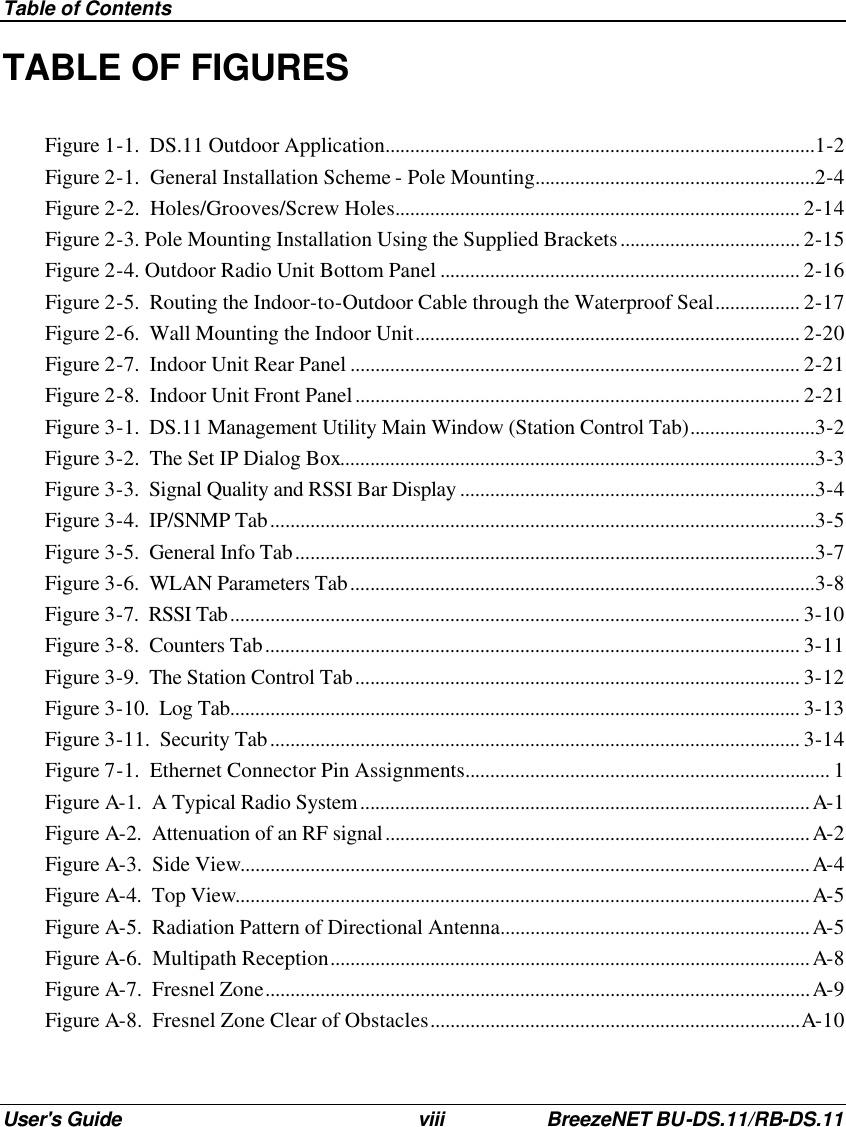 Table of Contents User&apos;s Guide viii BreezeNET BU-DS.11/RB-DS.11 TABLE OF FIGURES Figure 1-1.  DS.11 Outdoor Application......................................................................................1-2 Figure 2-1.  General Installation Scheme - Pole Mounting........................................................2-4 Figure 2-2.  Holes/Grooves/Screw Holes................................................................................. 2-14 Figure 2-3. Pole Mounting Installation Using the Supplied Brackets.................................... 2-15 Figure 2-4. Outdoor Radio Unit Bottom Panel ........................................................................ 2-16 Figure 2-5.  Routing the Indoor-to-Outdoor Cable through the Waterproof Seal................. 2-17 Figure 2-6.  Wall Mounting the Indoor Unit............................................................................. 2-20 Figure 2-7.  Indoor Unit Rear Panel .......................................................................................... 2-21 Figure 2-8.  Indoor Unit Front Panel......................................................................................... 2-21 Figure 3-1.  DS.11 Management Utility Main Window (Station Control Tab).........................3-2 Figure 3-2.  The Set IP Dialog Box...............................................................................................3-3 Figure 3-3.  Signal Quality and RSSI Bar Display .......................................................................3-4 Figure 3-4.  IP/SNMP Tab.............................................................................................................3-5 Figure 3-5.  General Info Tab........................................................................................................3-7 Figure 3-6.  WLAN Parameters Tab.............................................................................................3-8 Figure 3-7.  RSSI Tab.................................................................................................................. 3-10 Figure 3-8.  Counters Tab........................................................................................................... 3-11 Figure 3-9.  The Station Control Tab......................................................................................... 3-12 Figure 3-10.  Log Tab.................................................................................................................. 3-13 Figure 3-11.  Security Tab.......................................................................................................... 3-14 Figure 7-1.  Ethernet Connector Pin Assignments......................................................................... 1 Figure A-1.  A Typical Radio System..........................................................................................A-1 Figure A-2.  Attenuation of an RF signal.....................................................................................A-2 Figure A-3.  Side View..................................................................................................................A-4 Figure A-4.  Top View...................................................................................................................A-5 Figure A-5.  Radiation Pattern of Directional Antenna..............................................................A-5 Figure A-6.  Multipath Reception................................................................................................A-8 Figure A-7.  Fresnel Zone.............................................................................................................A-9 Figure A-8.  Fresnel Zone Clear of Obstacles..........................................................................A-10  