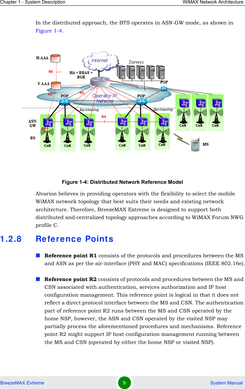 Chapter 1 - System Description WiMAX Network ArchitectureBreezeMAX Extreme 9 System ManualIn the distributed approach, the BTS operates in ASN-GW mode, as shown in Figure 1-4. Alvarion believes in providing operators with the flexibility to select the mobile WiMAX network topology that best suits their needs and existing network architecture. Therefore, BreezeMAX Extreme is designed to support both distributed and centralized topology approaches according to WiMAX Forum NWG profile C.1.2.8 Re ferenc e PointsReference point R1 consists of the protocols and procedures between the MS and ASN as per the air-interface (PHY and MAC) specifications (IEEE 802.16e).Reference point R2 consists of protocols and procedures between the MS and CSN associated with authentication, services authorization and IP host configuration management. This reference point is logical in that it does not reflect a direct protocol interface between the MS and CSN. The authentication part of reference point R2 runs between the MS and CSN operated by the home NSP, however, the ASN and CSN operated by the visited NSP may partially process the aforementioned procedures and mechanisms. Reference point R2 might support IP host configuration management running between the MS and CSN (operated by either the home NSP or visited NSP).Figure 1-4: Distributed Network Reference Model