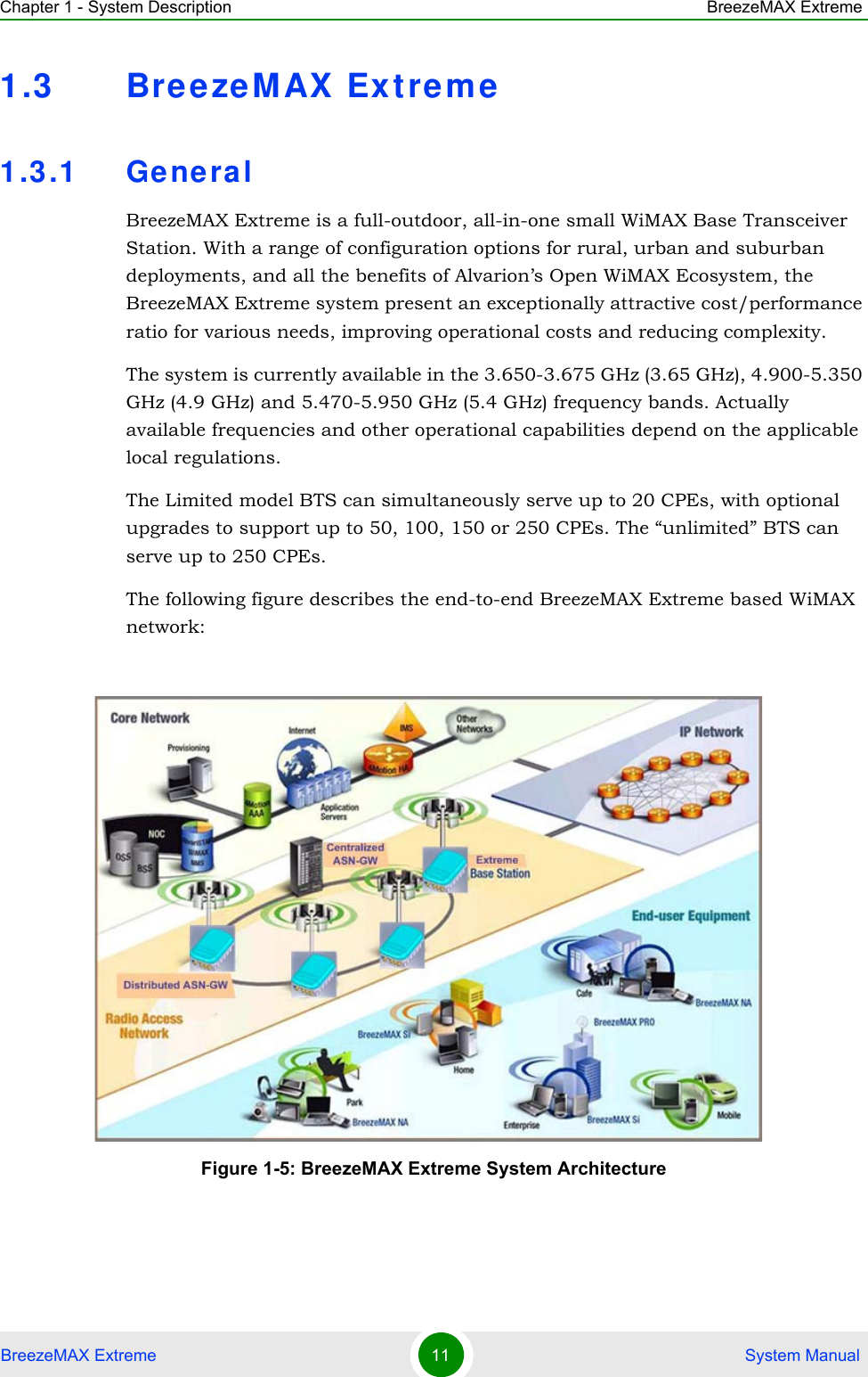 Chapter 1 - System Description BreezeMAX ExtremeBreezeMAX Extreme 11  System Manual1.3 BreezeM AX  Extre m e1.3.1 Gene ralBreezeMAX Extreme is a full-outdoor, all-in-one small WiMAX Base Transceiver Station. With a range of configuration options for rural, urban and suburban deployments, and all the benefits of Alvarion’s Open WiMAX Ecosystem, the BreezeMAX Extreme system present an exceptionally attractive cost/performance ratio for various needs, improving operational costs and reducing complexity.The system is currently available in the 3.650-3.675 GHz (3.65 GHz), 4.900-5.350 GHz (4.9 GHz) and 5.470-5.950 GHz (5.4 GHz) frequency bands. Actually available frequencies and other operational capabilities depend on the applicable local regulations.The Limited model BTS can simultaneously serve up to 20 CPEs, with optional upgrades to support up to 50, 100, 150 or 250 CPEs. The “unlimited” BTS can serve up to 250 CPEs.The following figure describes the end-to-end BreezeMAX Extreme based WiMAX network:Figure 1-5: BreezeMAX Extreme System Architecture