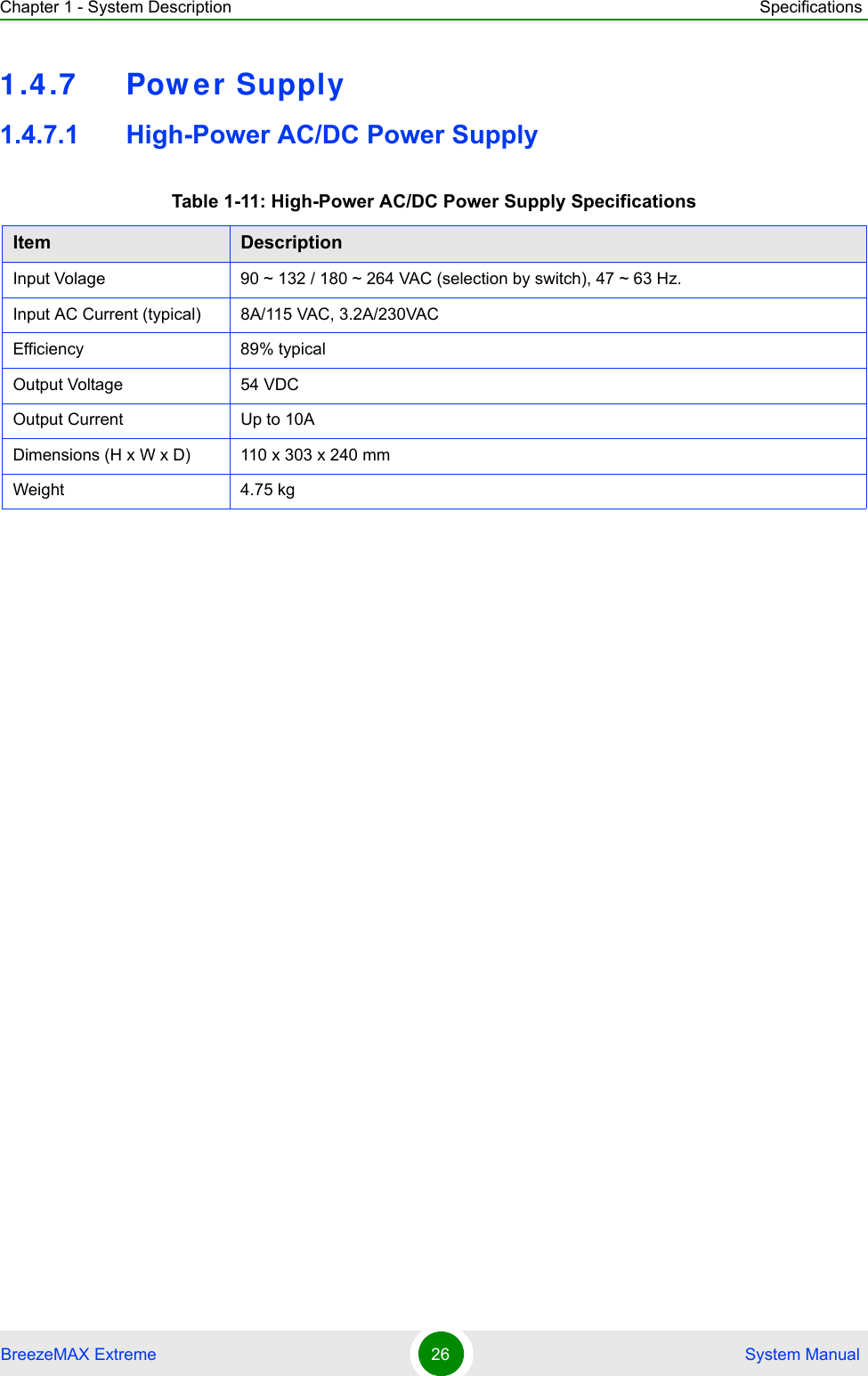 Chapter 1 - System Description SpecificationsBreezeMAX Extreme 26  System Manual1.4.7 Pow er Supply1.4.7.1 High-Power AC/DC Power SupplyTable 1-11: High-Power AC/DC Power Supply SpecificationsItem DescriptionInput Volage 90 ~ 132 / 180 ~ 264 VAC (selection by switch), 47 ~ 63 Hz.Input AC Current (typical) 8A/115 VAC, 3.2A/230VACEfficiency 89% typicalOutput Voltage 54 VDCOutput Current Up to 10ADimensions (H x W x D) 110 x 303 x 240 mmWeight 4.75 kg