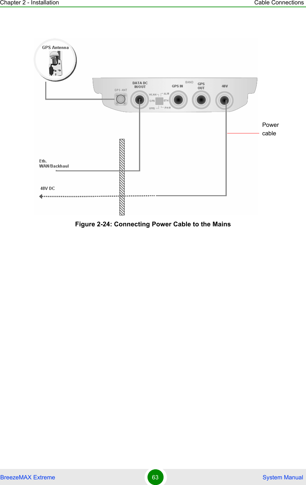 Chapter 2 - Installation Cable ConnectionsBreezeMAX Extreme 63  System ManualFigure 2-24: Connecting Power Cable to the MainsPower cable