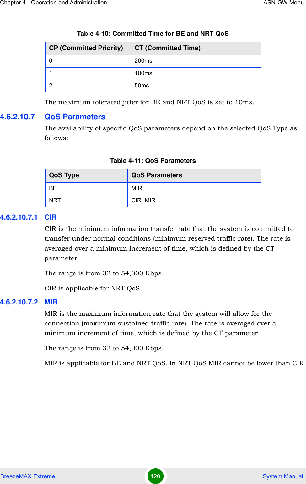 Chapter 4 - Operation and Administration ASN-GW MenuBreezeMAX Extreme 120  System ManualThe maximum tolerated jitter for BE and NRT QoS is set to 10ms.4.6.2.10.7 QoS ParametersThe availability of specific QoS parameters depend on the selected QoS Type as follows:4.6.2.10.7.1 CIRCIR is the minimum information transfer rate that the system is committed to transfer under normal conditions (minimum reserved traffic rate). The rate is averaged over a minimum increment of time, which is defined by the CT parameter.The range is from 32 to 54,000 Kbps.CIR is applicable for NRT QoS.4.6.2.10.7.2 MIRMIR is the maximum information rate that the system will allow for the connection (maximum sustained traffic rate). The rate is averaged over a minimum increment of time, which is defined by the CT parameter.The range is from 32 to 54,000 Kbps.MIR is applicable for BE and NRT QoS. In NRT QoS MIR cannot be lower than CIR.Table 4-10: Committed Time for BE and NRT QoSCP (Committed Priority) CT (Committed Time)0 200ms1 100ms250msTable 4-11: QoS ParametersQoS Type QoS ParametersBE MIRNRT CIR, MIR