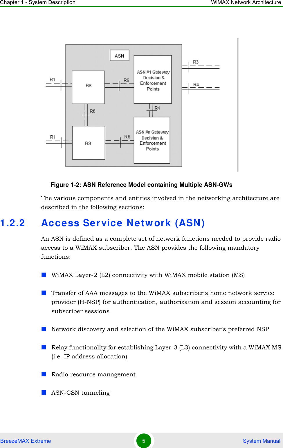 Chapter 1 - System Description WiMAX Network ArchitectureBreezeMAX Extreme 5 System Manual The various components and entities involved in the networking architecture are described in the following sections:1.2.2 Access Se rvice Netw ork (ASN)An ASN is defined as a complete set of network functions needed to provide radio access to a WiMAX subscriber. The ASN provides the following mandatory functions:WiMAX Layer-2 (L2) connectivity with WiMAX mobile station (MS) Transfer of AAA messages to the WiMAX subscriber&apos;s home network service provider (H-NSP) for authentication, authorization and session accounting for subscriber sessionsNetwork discovery and selection of the WiMAX subscriber&apos;s preferred NSPRelay functionality for establishing Layer-3 (L3) connectivity with a WiMAX MS (i.e. IP address allocation)Radio resource managementASN-CSN tunnelingFigure 1-2: ASN Reference Model containing Multiple ASN-GWs