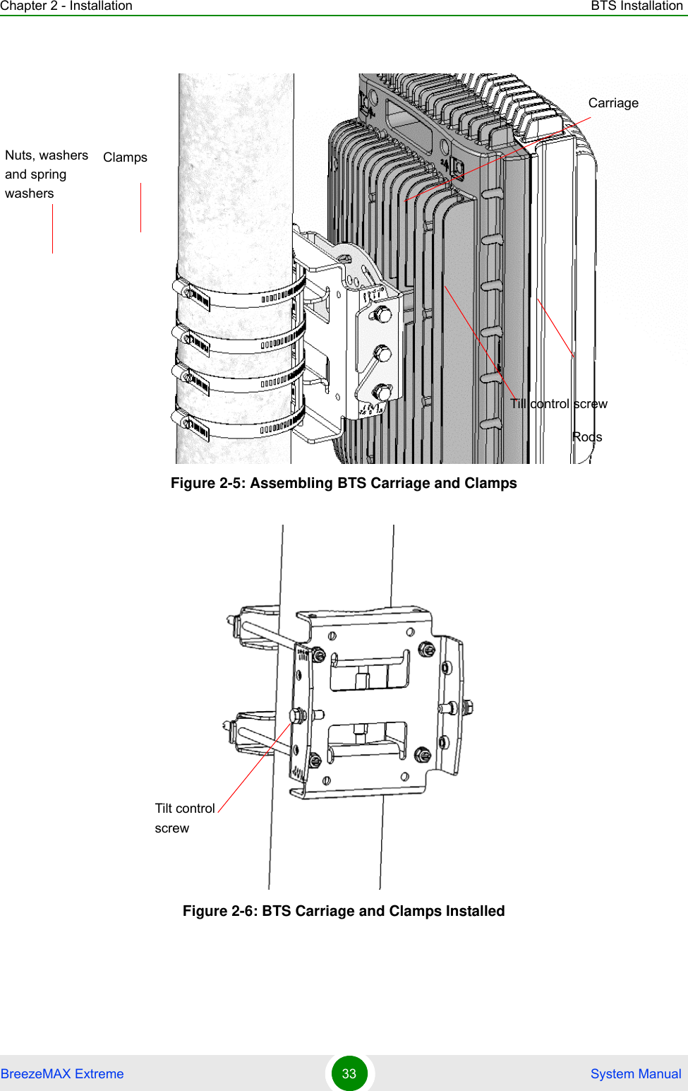 Chapter 2 - Installation BTS InstallationBreezeMAX Extreme 33  System ManualFigure 2-5: Assembling BTS Carriage and ClampsFigure 2-6: BTS Carriage and Clamps InstalledCarriageTill control screwClampsRodsNuts, washers and spring washersTilt control screw