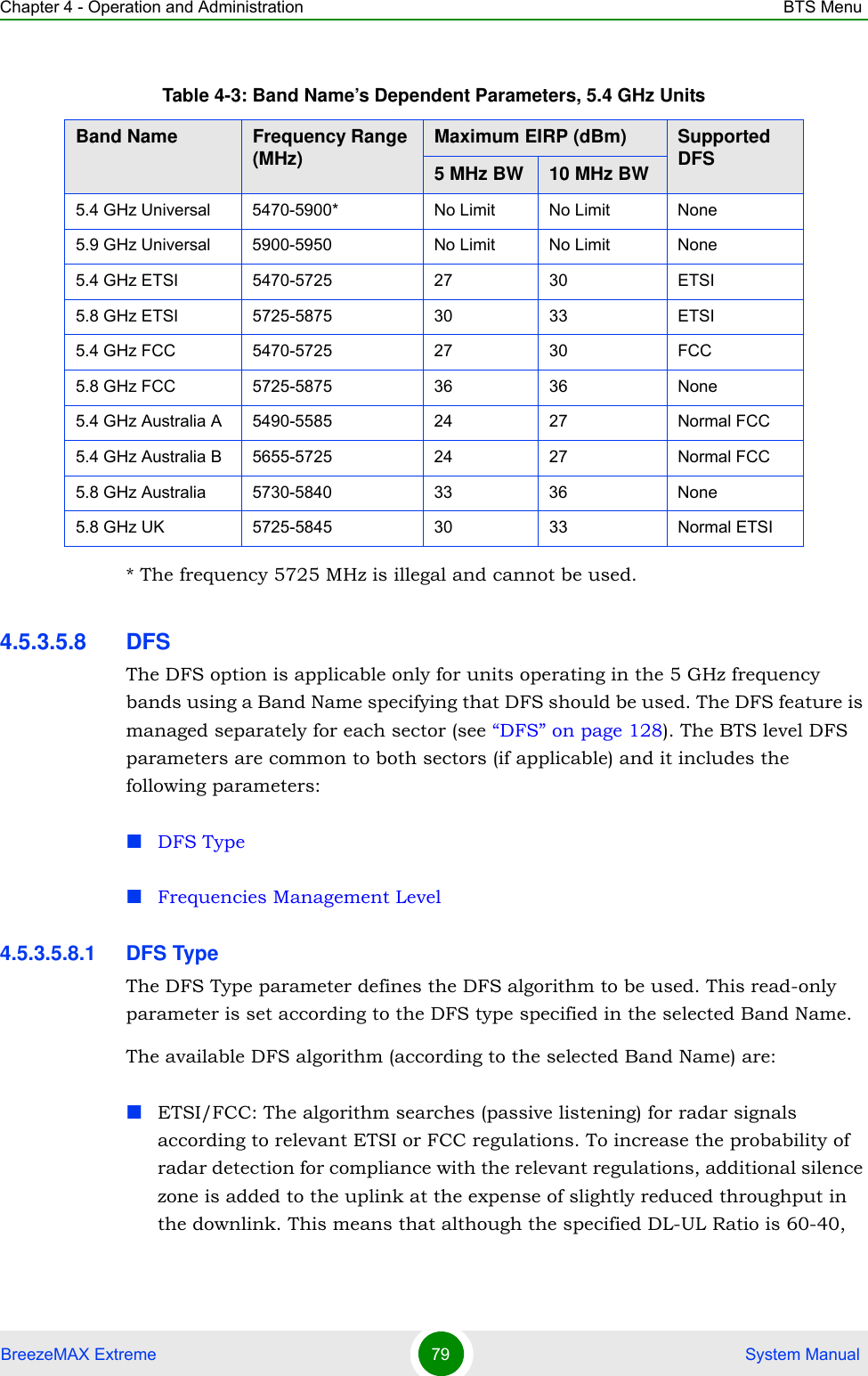 Chapter 4 - Operation and Administration BTS MenuBreezeMAX Extreme 79  System Manual* The frequency 5725 MHz is illegal and cannot be used.4.5.3.5.8 DFSThe DFS option is applicable only for units operating in the 5 GHz frequency bands using a Band Name specifying that DFS should be used. The DFS feature is managed separately for each sector (see “DFS” on page 128). The BTS level DFS parameters are common to both sectors (if applicable) and it includes the following parameters:DFS TypeFrequencies Management Level4.5.3.5.8.1 DFS TypeThe DFS Type parameter defines the DFS algorithm to be used. This read-only parameter is set according to the DFS type specified in the selected Band Name.The available DFS algorithm (according to the selected Band Name) are:ETSI/FCC: The algorithm searches (passive listening) for radar signals according to relevant ETSI or FCC regulations. To increase the probability of radar detection for compliance with the relevant regulations, additional silence zone is added to the uplink at the expense of slightly reduced throughput in the downlink. This means that although the specified DL-UL Ratio is 60-40, Table 4-3: Band Name’s Dependent Parameters, 5.4 GHz UnitsBand Name Frequency Range (MHz)Maximum EIRP (dBm) Supported DFS5 MHz BW 10 MHz BW5.4 GHz Universal 5470-5900* No Limit No Limit None5.9 GHz Universal 5900-5950 No Limit No Limit None5.4 GHz ETSI 5470-5725 27 30 ETSI5.8 GHz ETSI 5725-5875 30 33 ETSI5.4 GHz FCC 5470-5725 27 30 FCC5.8 GHz FCC 5725-5875 36 36 None5.4 GHz Australia A 5490-5585 24 27 Normal FCC5.4 GHz Australia B 5655-5725 24 27 Normal FCC5.8 GHz Australia 5730-5840 33 36 None5.8 GHz UK 5725-5845 30 33 Normal ETSI