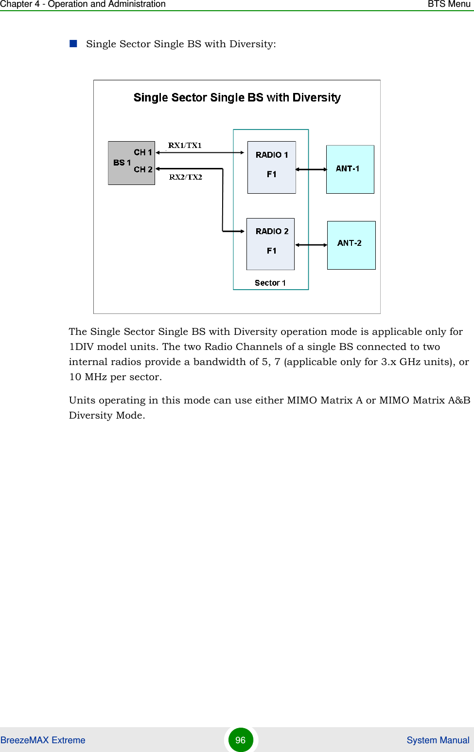 Chapter 4 - Operation and Administration BTS MenuBreezeMAX Extreme 96  System ManualSingle Sector Single BS with Diversity:The Single Sector Single BS with Diversity operation mode is applicable only for 1DIV model units. The two Radio Channels of a single BS connected to two internal radios provide a bandwidth of 5, 7 (applicable only for 3.x GHz units), or 10 MHz per sector.Units operating in this mode can use either MIMO Matrix A or MIMO Matrix A&amp;B Diversity Mode. 
